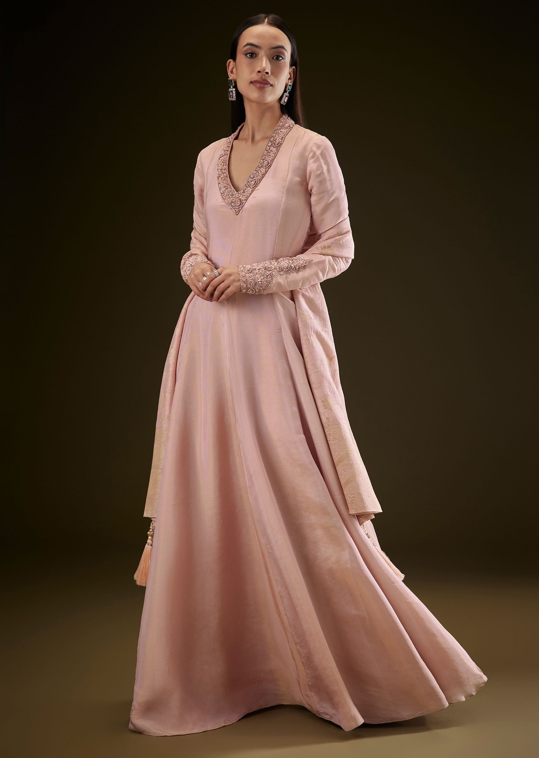 anarkali pink dress Pink Banarasi Silk Anarkali Gown: Indian Wedding Party Dress