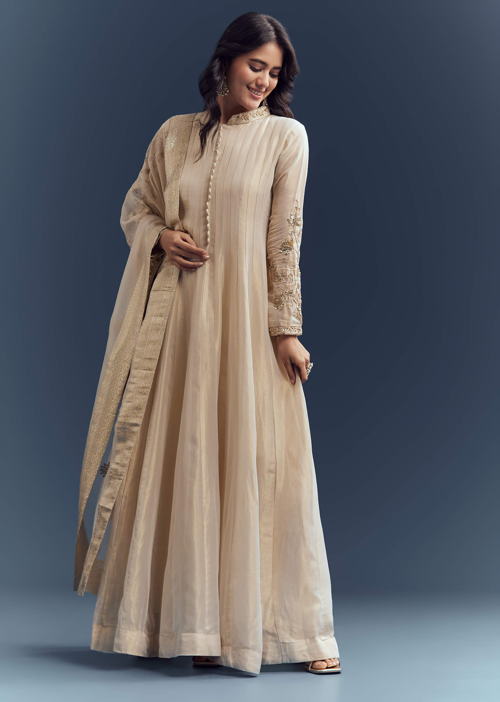 Buy Beige Tissue Anarkali Suit With Delicate Zari Embroidery | KALKI  Fashion UK