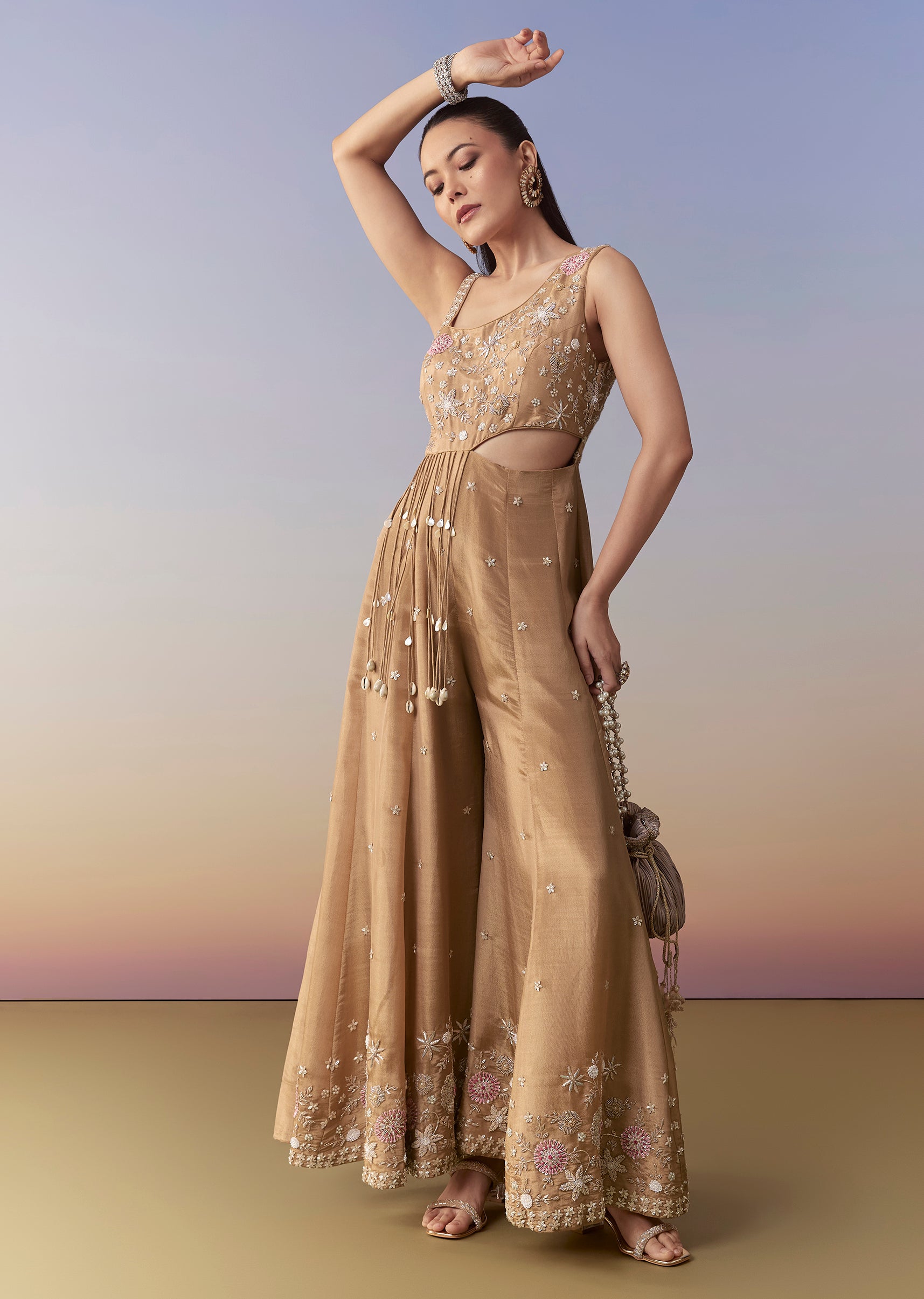 Buy Beige Zardozi Embroidered Jumpsuit | KALKI Fashion