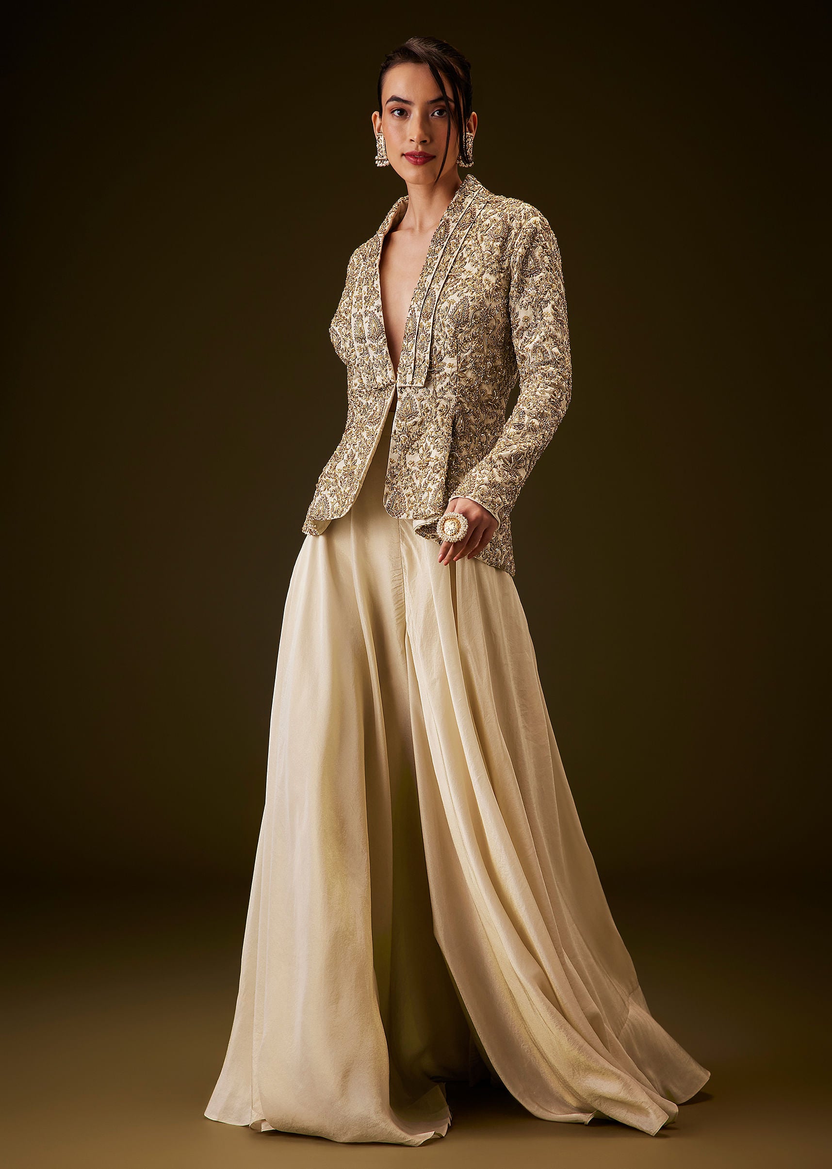 Beige Gold Zardozi Embroidered Peplum Jacket With Palazzo | KALKI FASHION UK