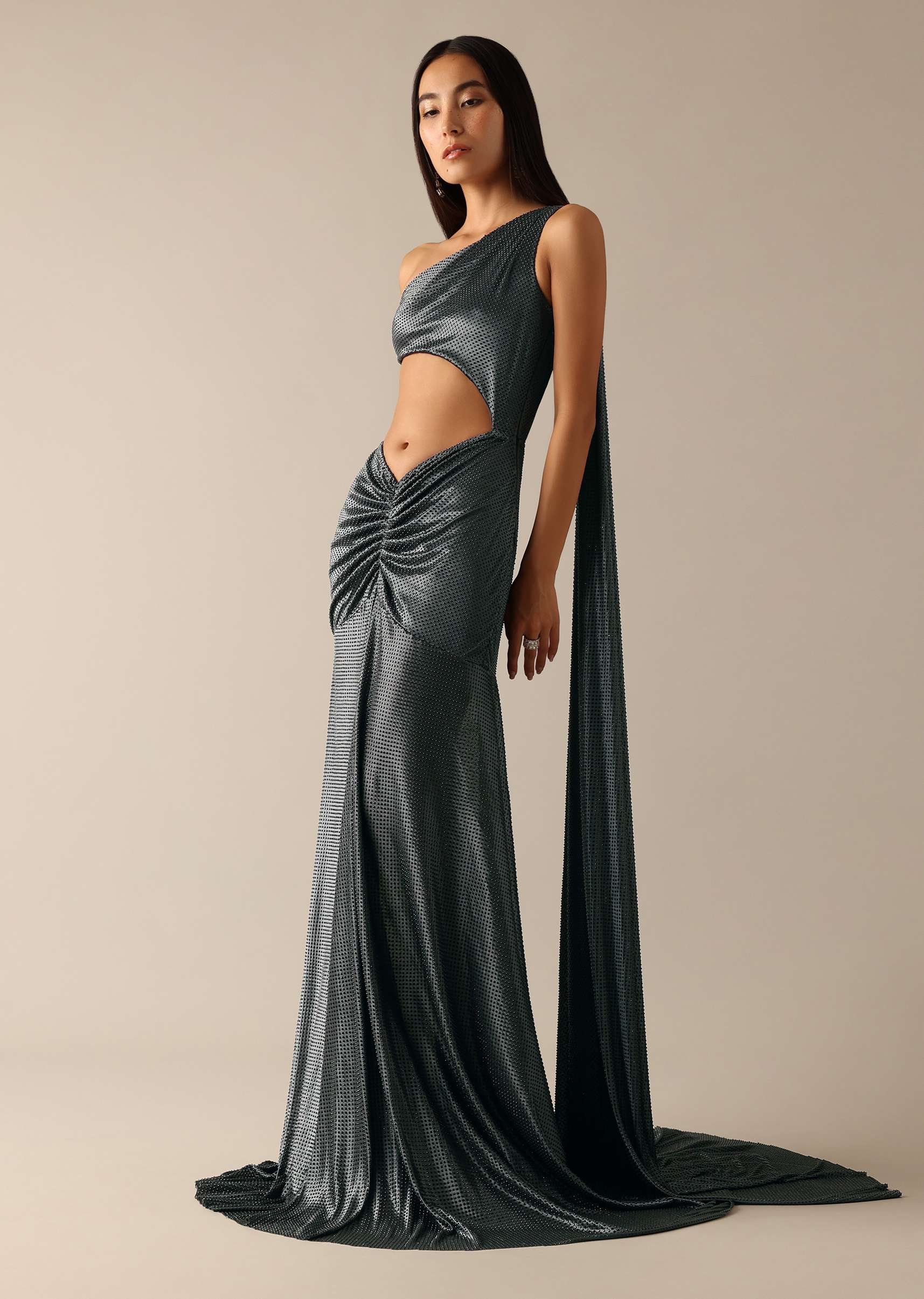 Buy Black One Shoulder Fishcut Gown With Attached Drape