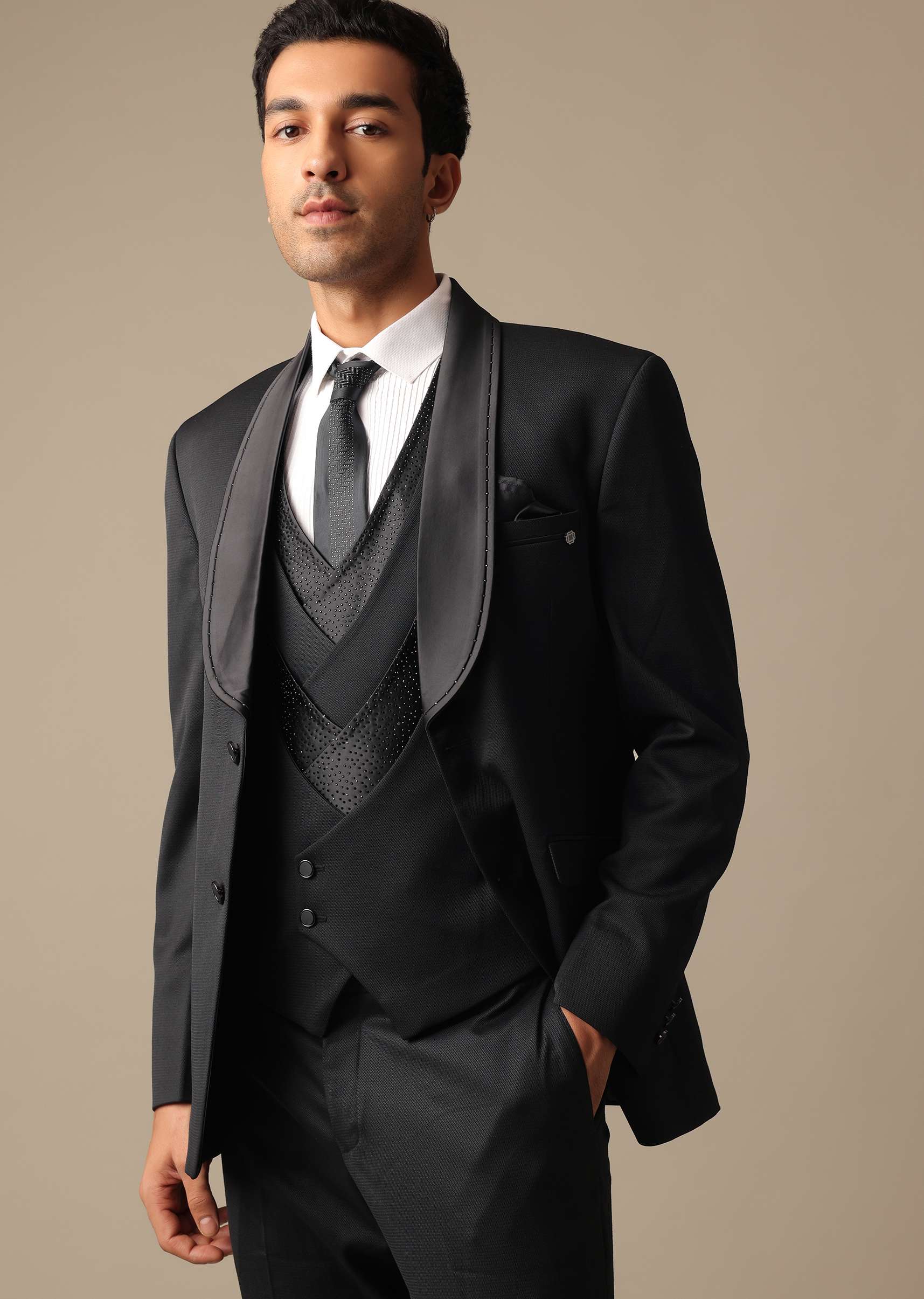 Black blazer and pant set by KALKI Fashion