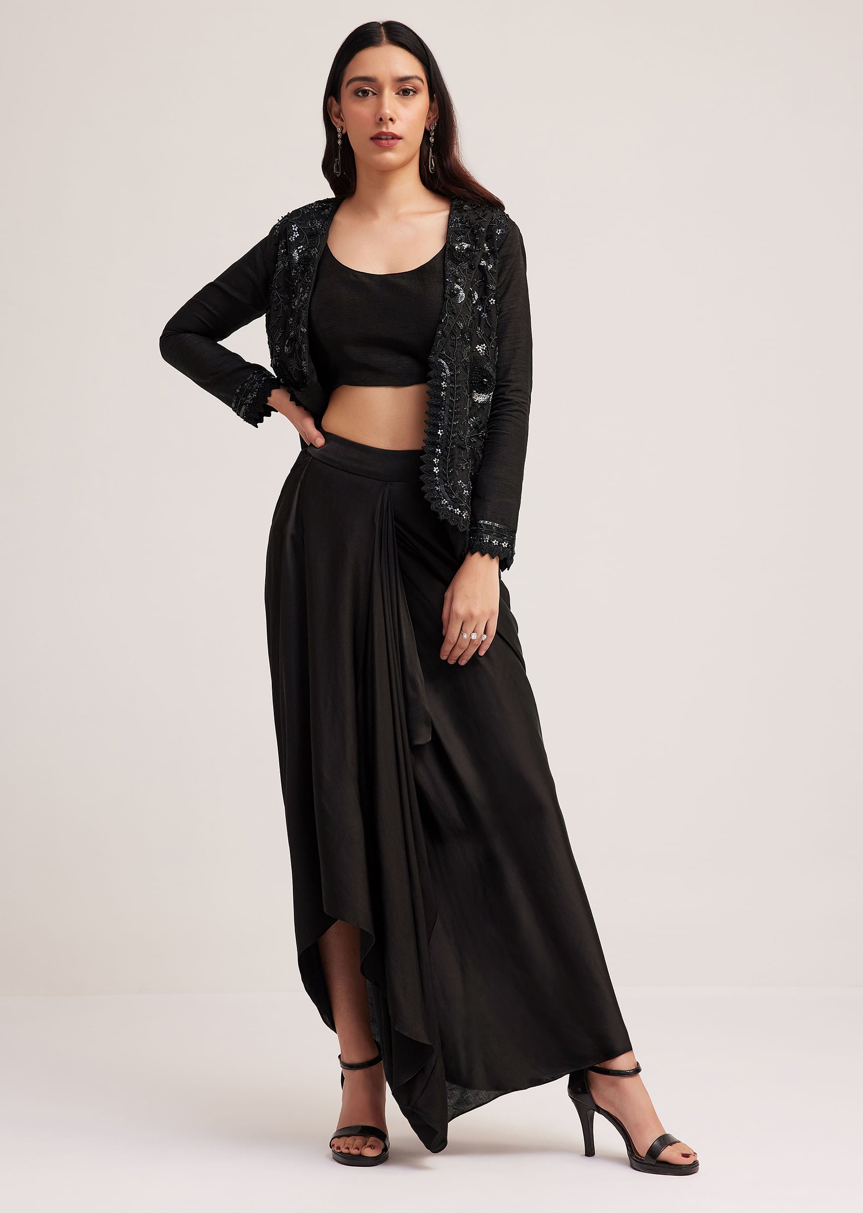 Black Crop Top Skirt And Embellished Jacket Set KALKI FASHION UK
