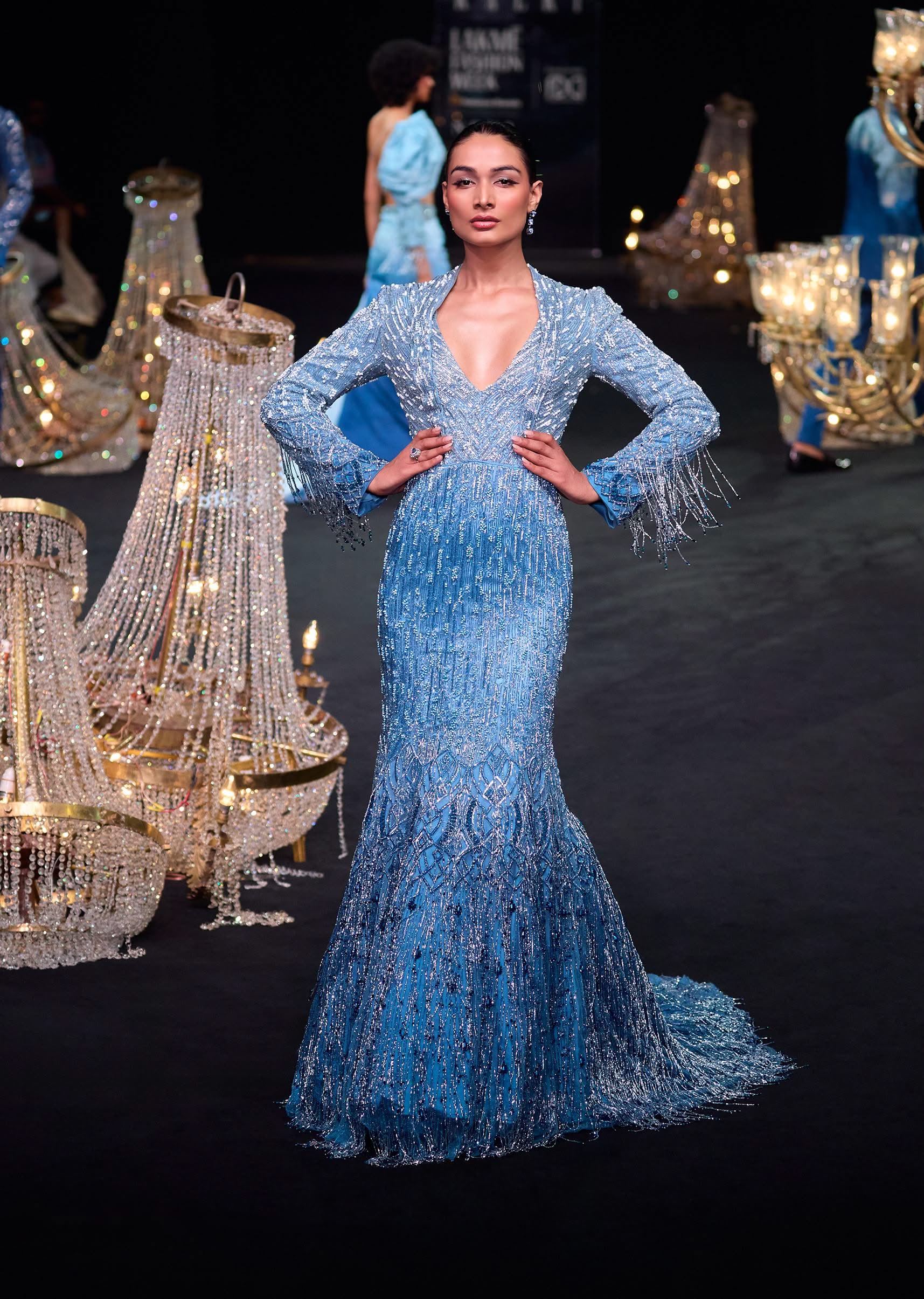 Buy Blue Fish Cut Ombre Trail Embroidered Gown | KALKI FASHION UK Buy Blue Fish Cut Ombre Trail Embroidered Gown | KALKI FASHION UK