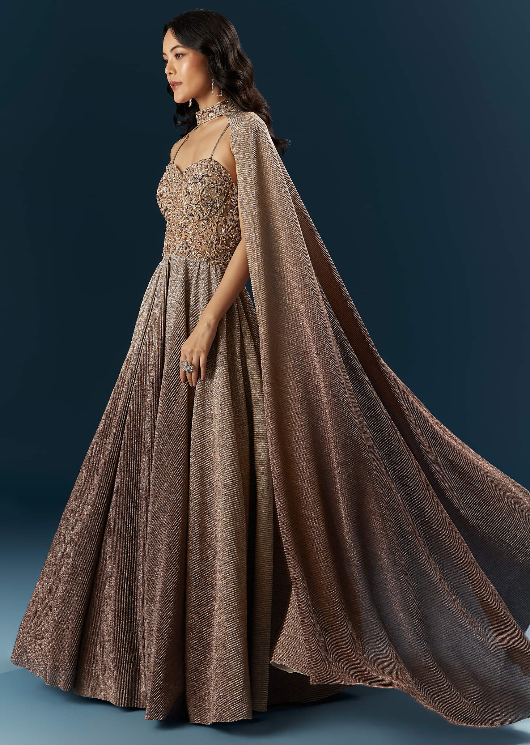 Buy Brown Imported Net Bridal Gown With Heavy Embroidery KALKI