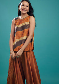 Rust Orange Top And Palazzo In Cotton Silk With Handwork On The Neckline