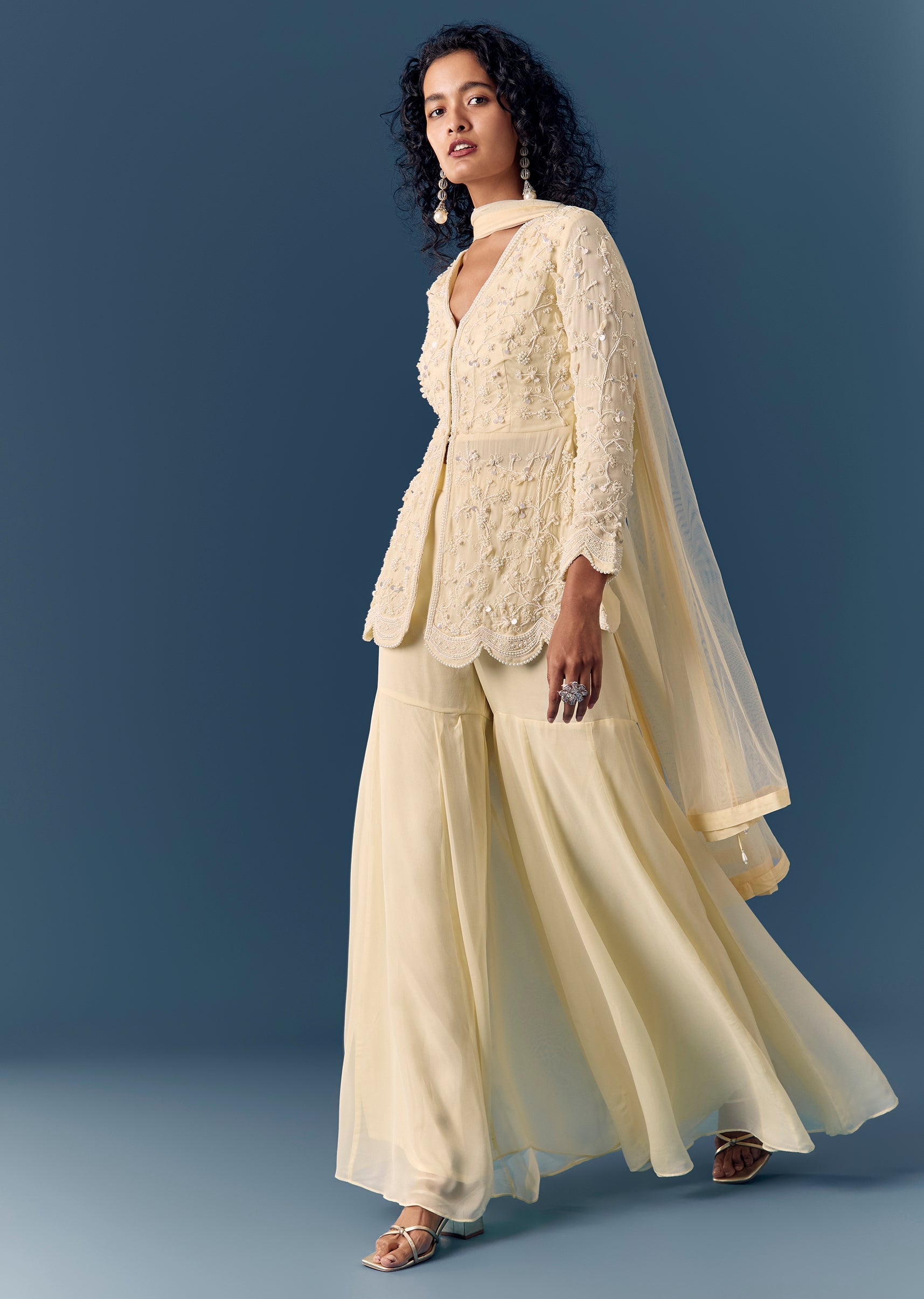 Buy Cream Beaded Peplum Kurta Sharara Set With Dupatta | KALKI