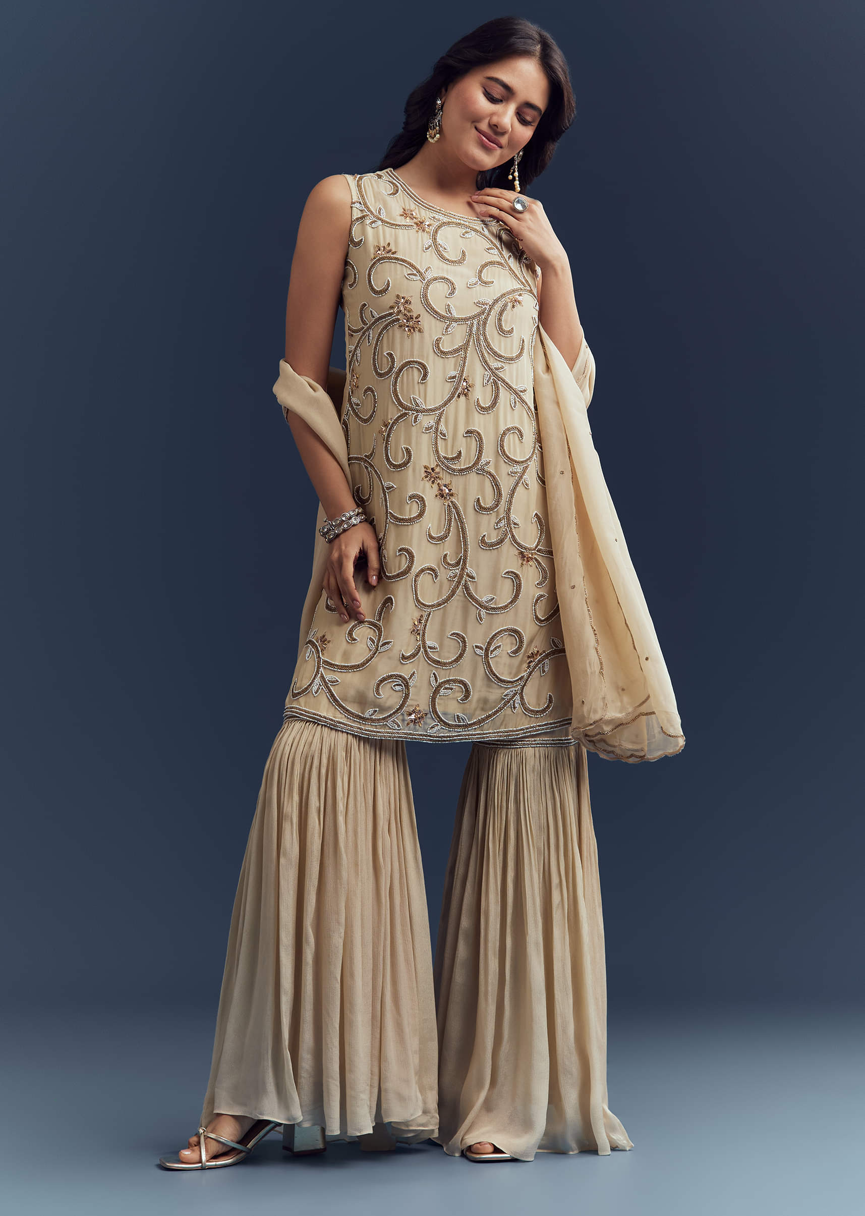 open lace back dress Maroon and Green Embroidered Organza Sharara main image 0