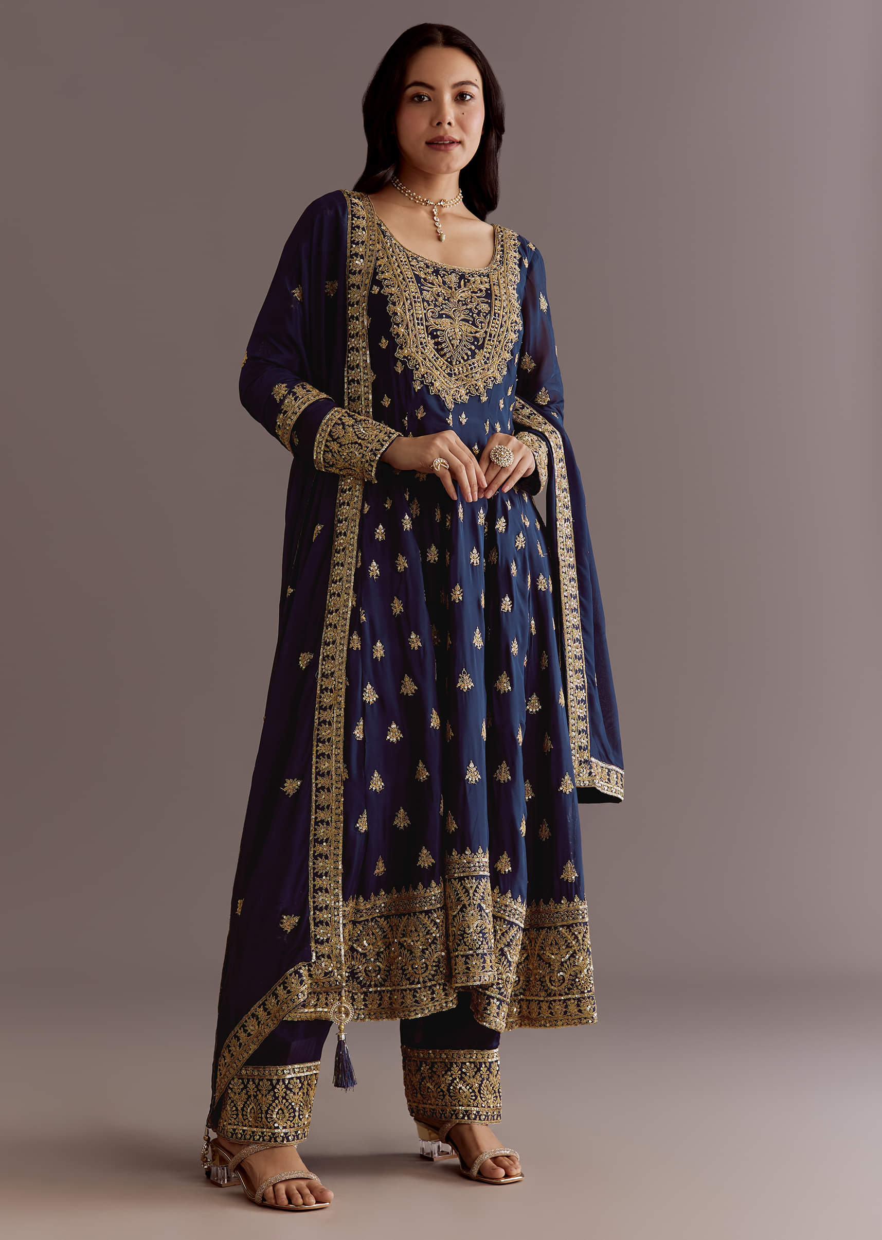 Buy Dark Blue Chinon Zari Embroidered Anarkali Suit With Dupatta