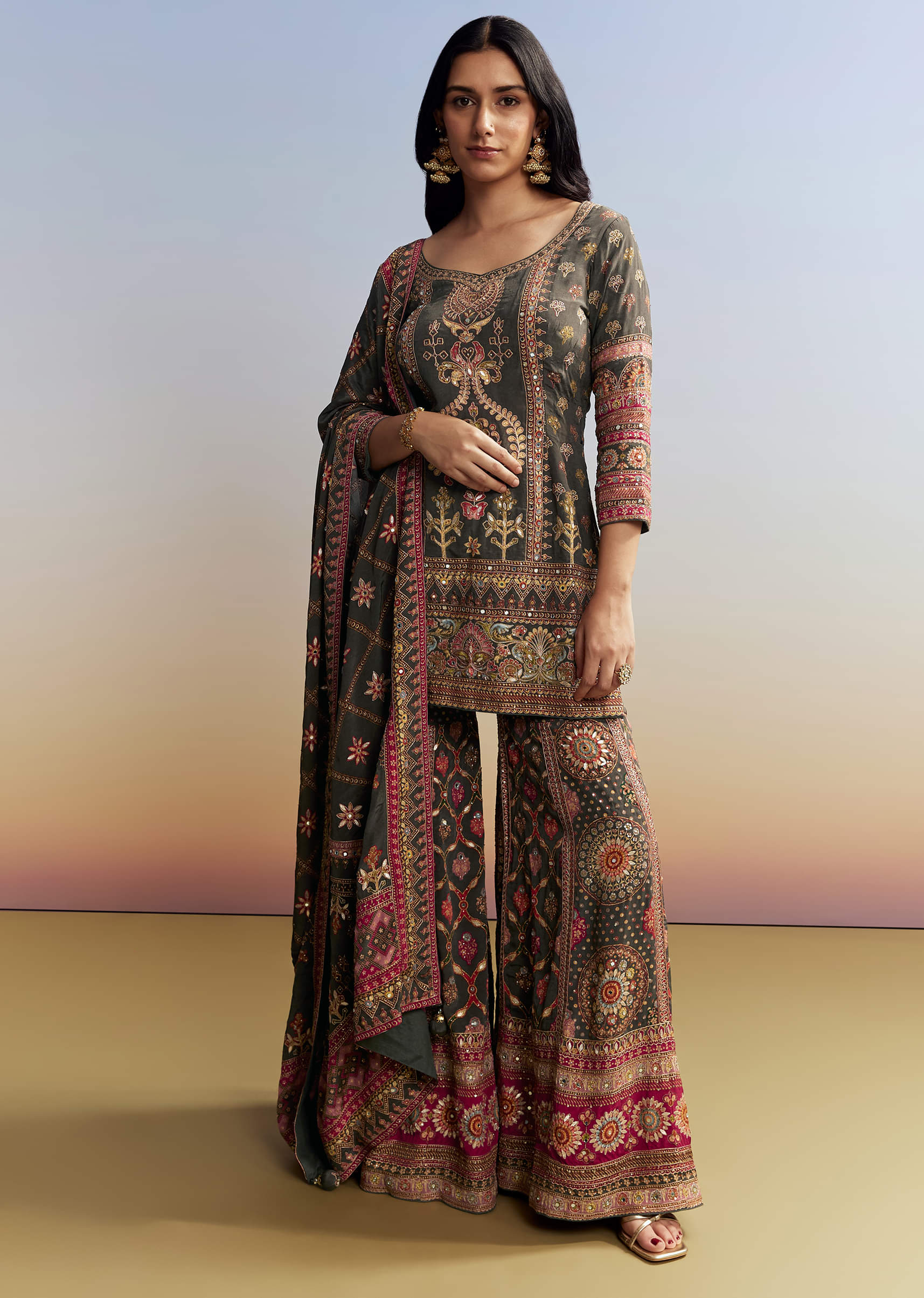 Dark Green Printed Sharara Set with Potli Bag main image 0