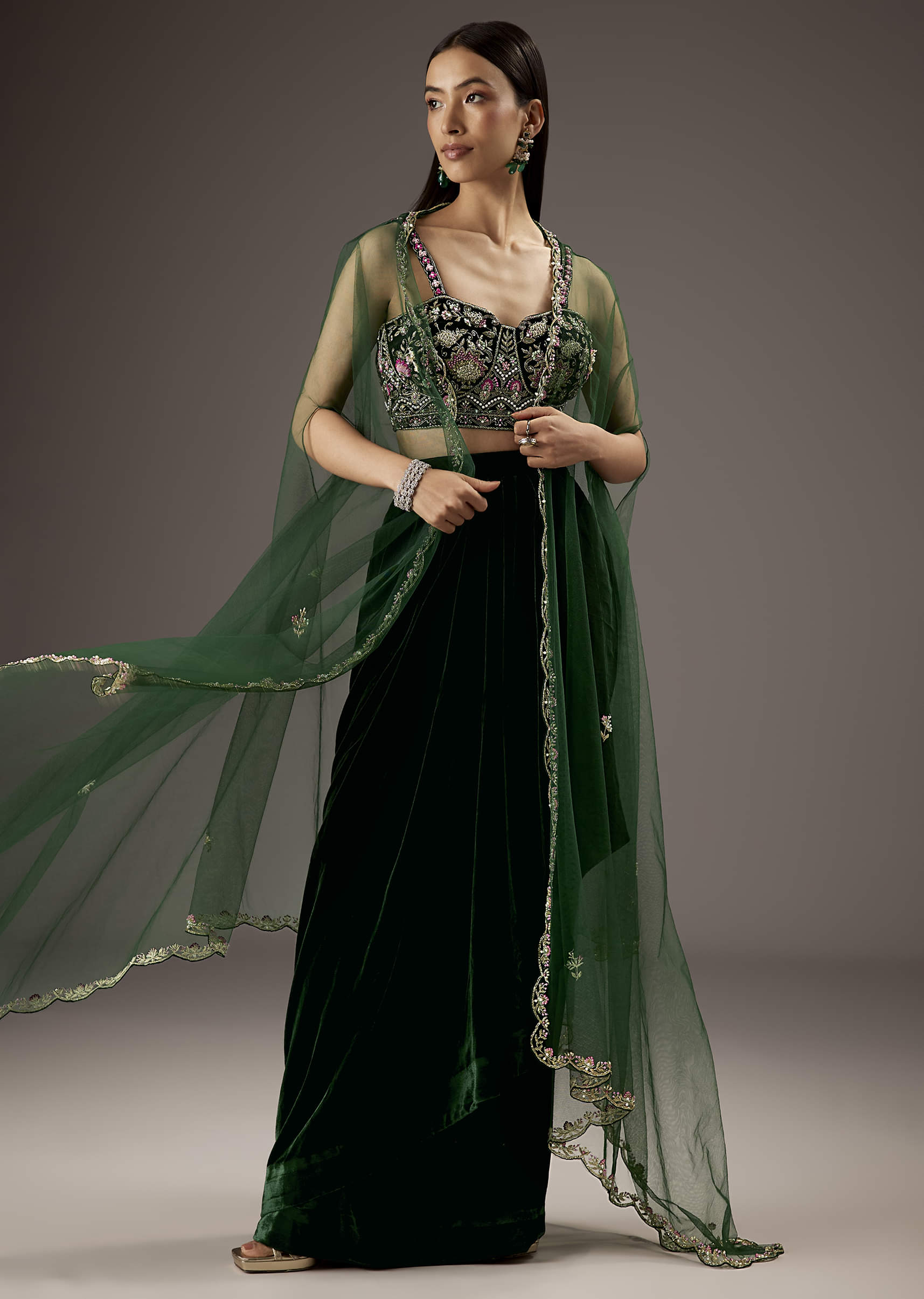 Buy Dark Green Velvet Crop Top Skirt With Heavy Embroidery | KALKI FASHION UK Buy Dark Green Velvet Crop Top Skirt With Heavy Embroidery | KALKI FASHION UK