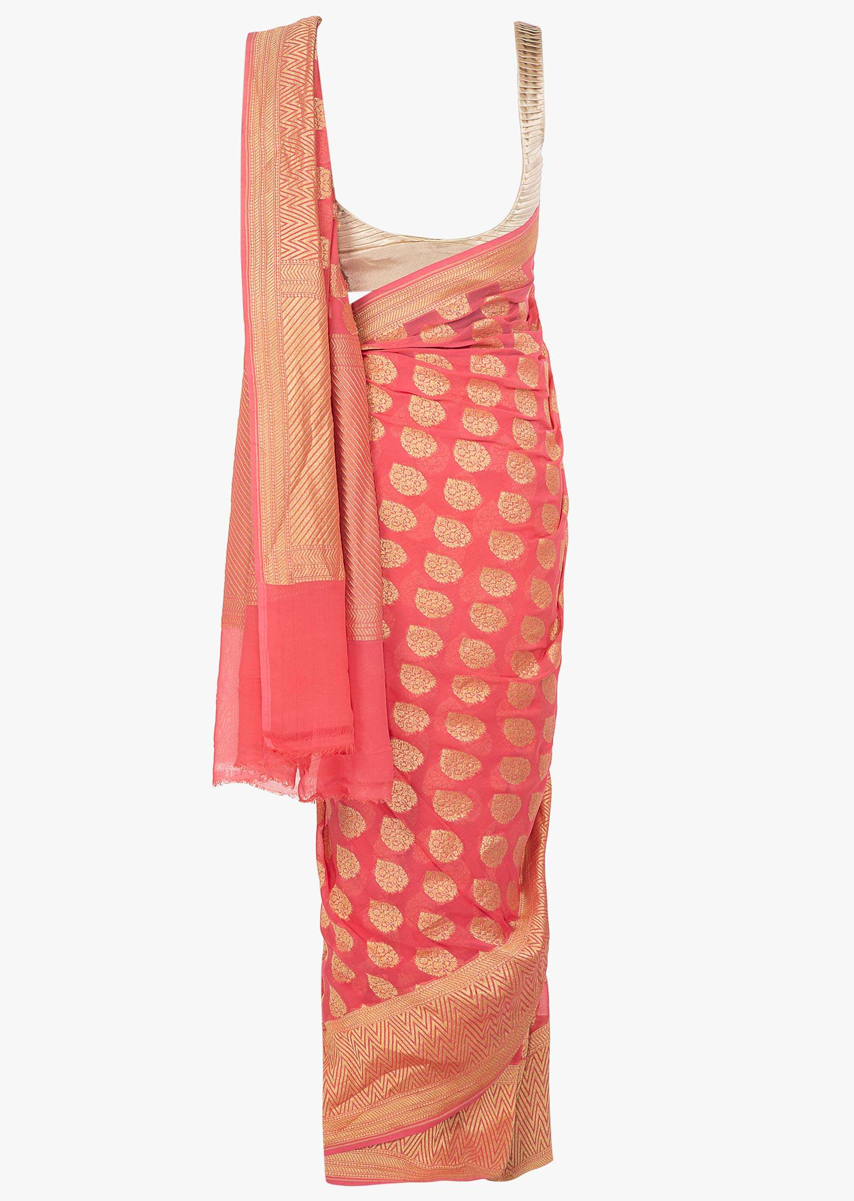 Dark peach georgette saree in weaved butti and border
