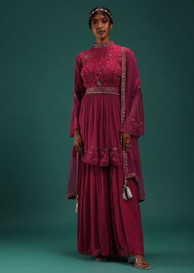 Fuchsia Pink Peplum Top And Sharara Set With Zari Work