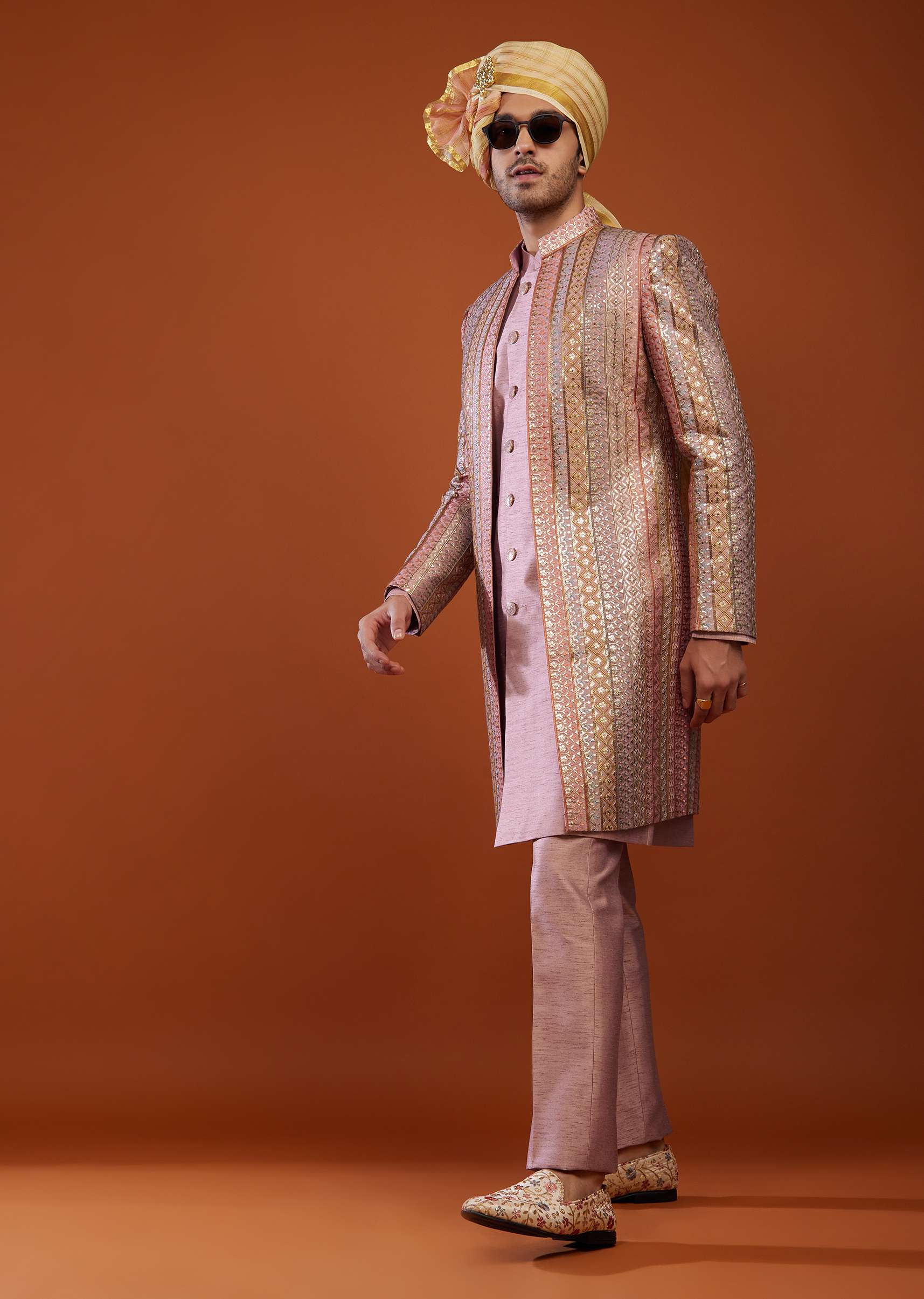 Pink printed sherwani set main image 1