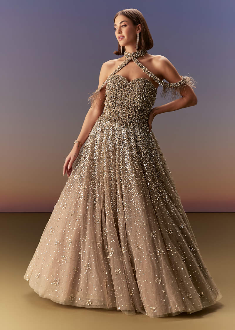 Buy Gold Halter Neck Gown With Cut Out Back And Embellished Bodice