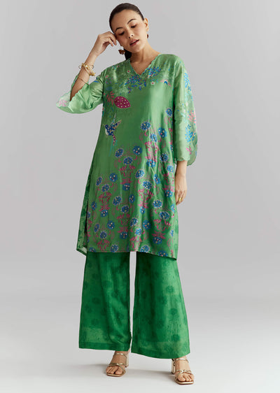 Green Silk Palazzo Suit With Floral Print And Beads Work