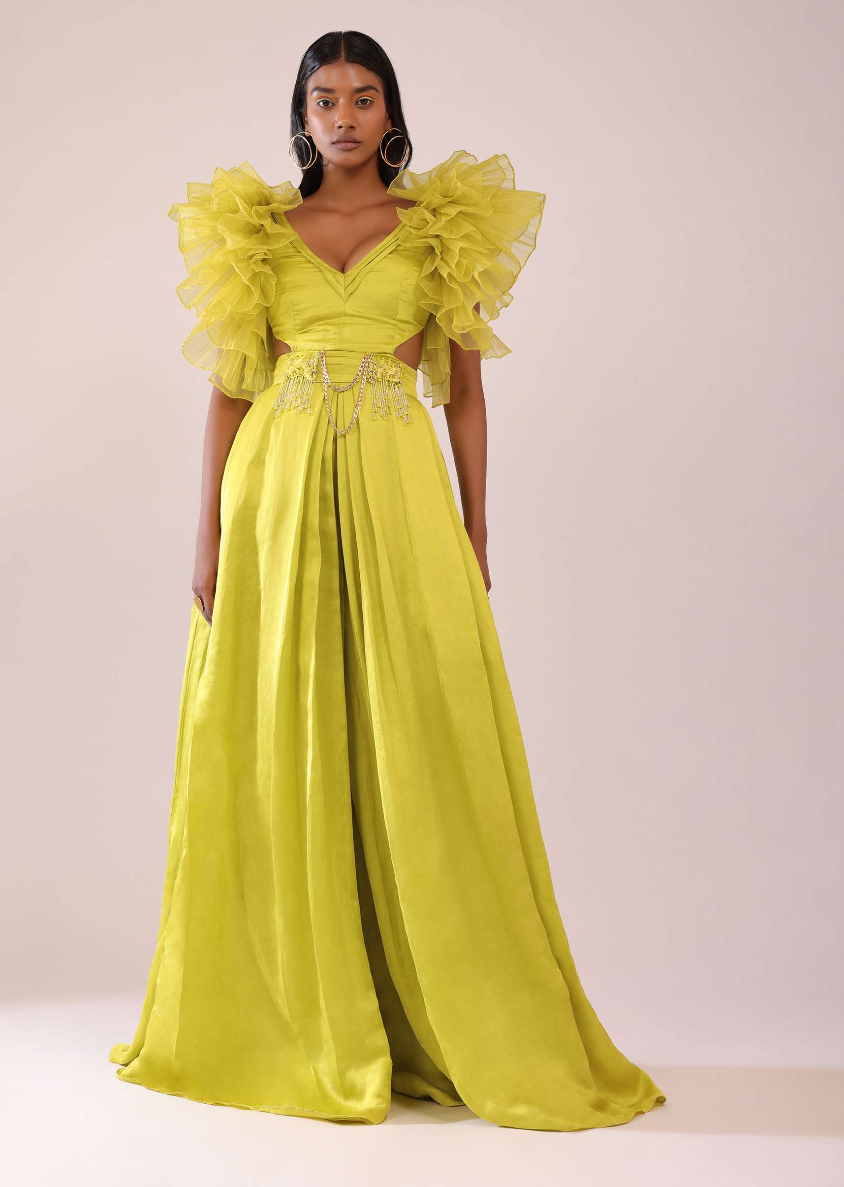Buy Sheen Green Jumpsuit With Ruffle Sleeves In Viscos Linen And Satin | KALKI FASHION UK Buy Sheen Green Jumpsuit With Ruffle Sleeves In Viscos Linen And Satin | KALKI FASHION UK