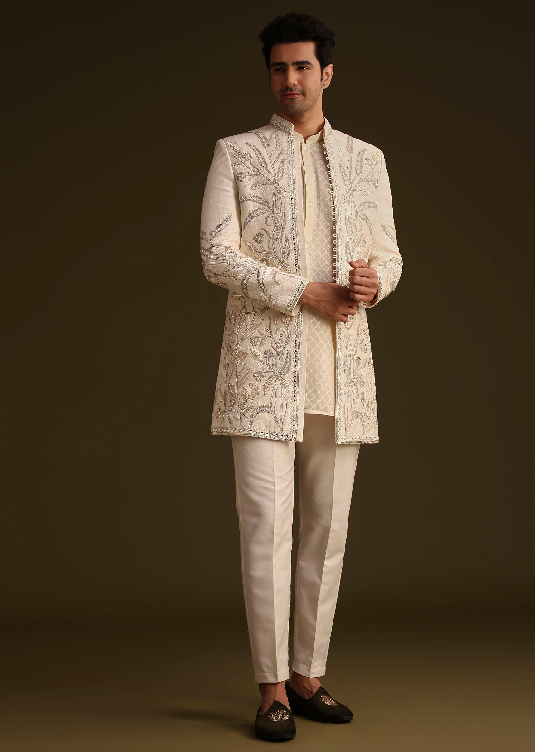 Crepe Silk Indo-western Set With Zari Embroidered Kaftan & Tassels