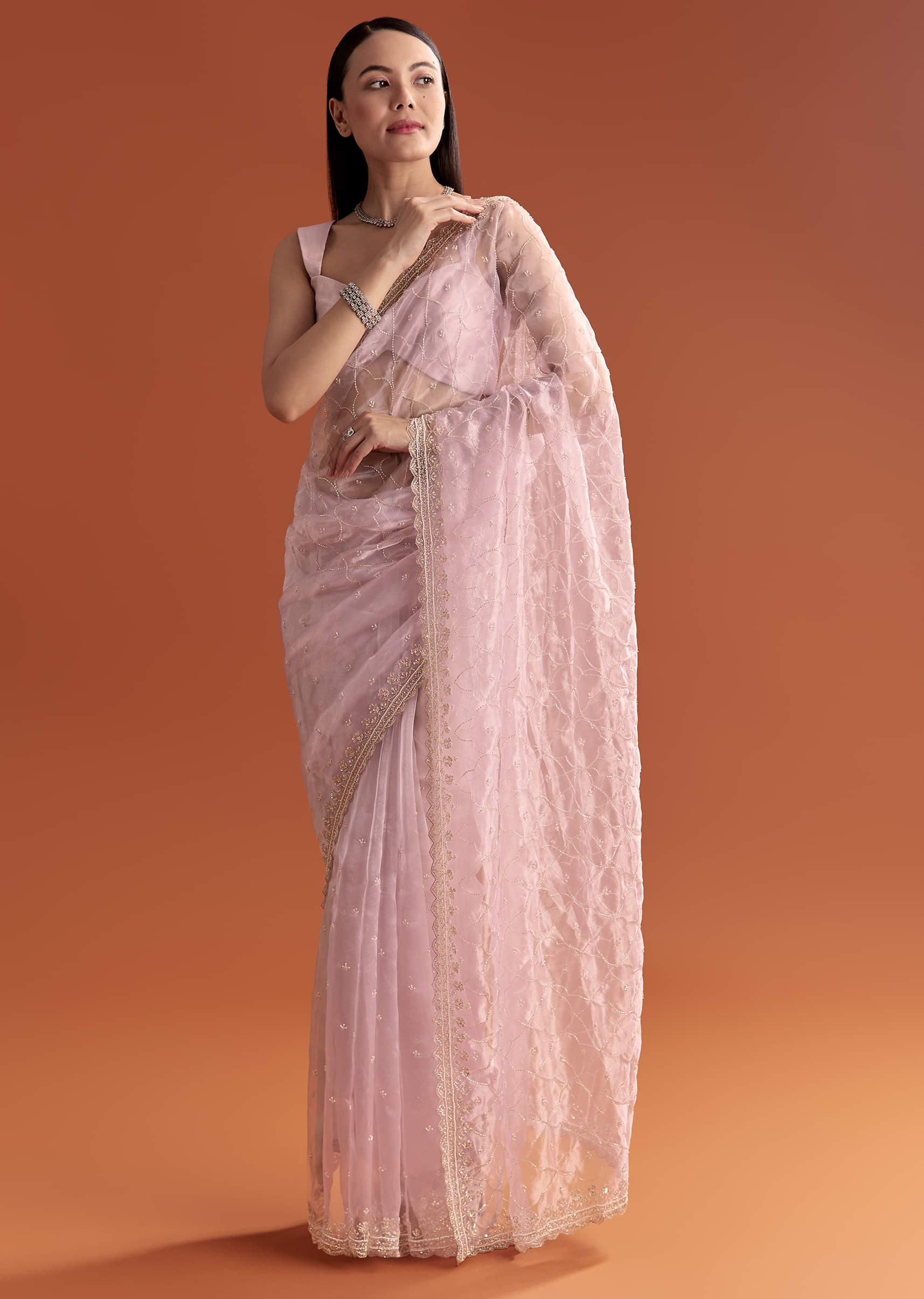 Buy Lavender Organza Embroidered Saree With Jaal And Butti Work | KALKI ...