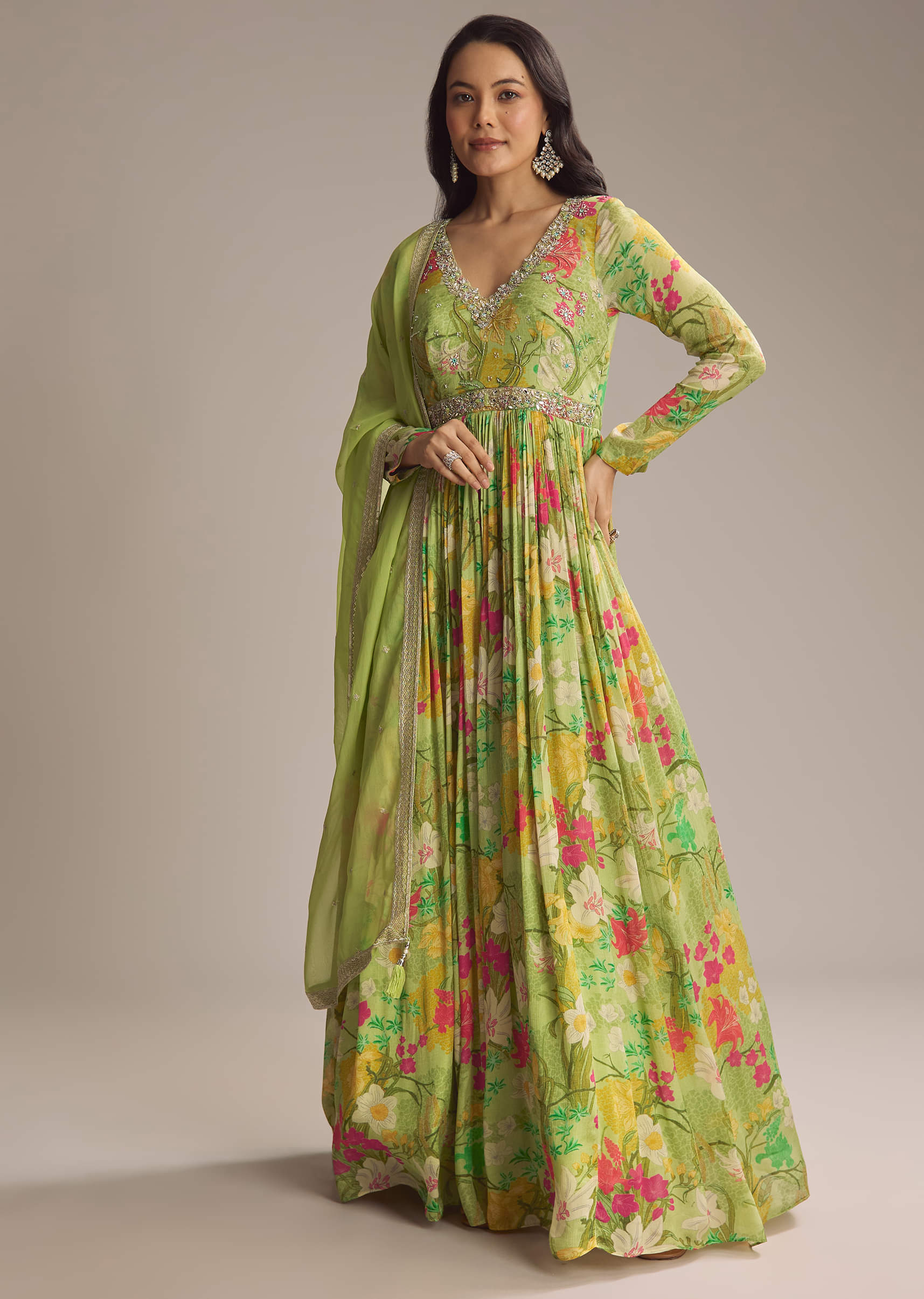 green anarkali dress Bottle Green Chiffon Bandhani Sleeveless Anarkali Suit Set (31-Green-AFNKB)