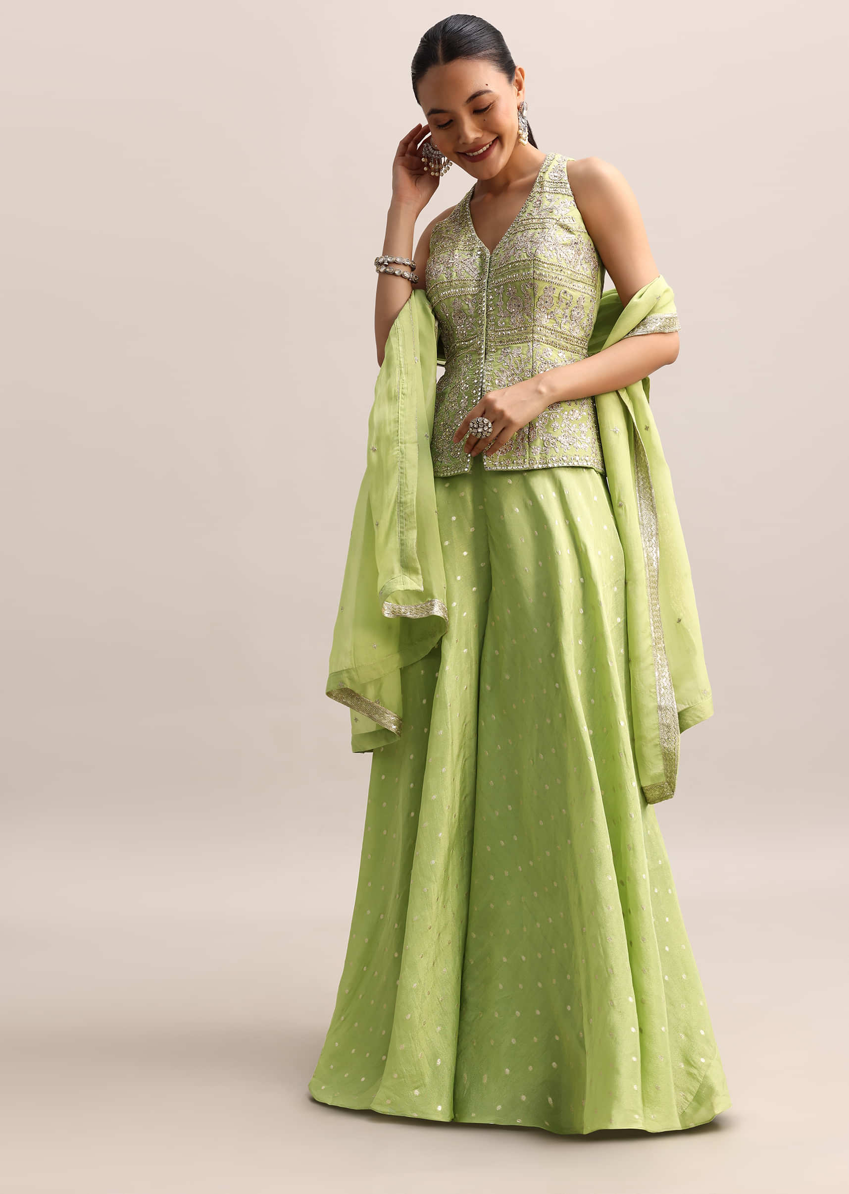 green emerald velvet dress Pista Green Semi Stitched Net Indian Dress main image 1