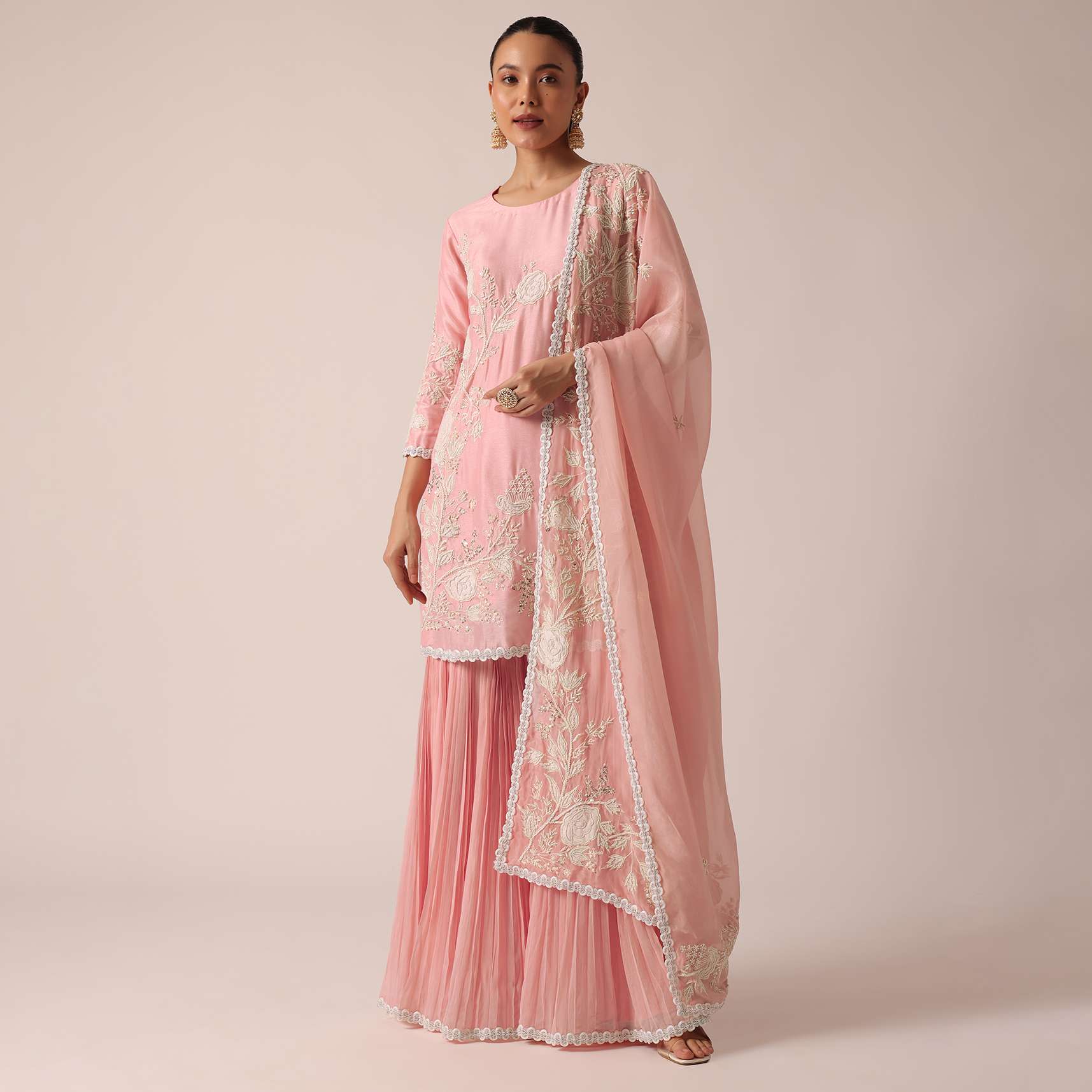 Crepe pink sharara with long kurta main image 1