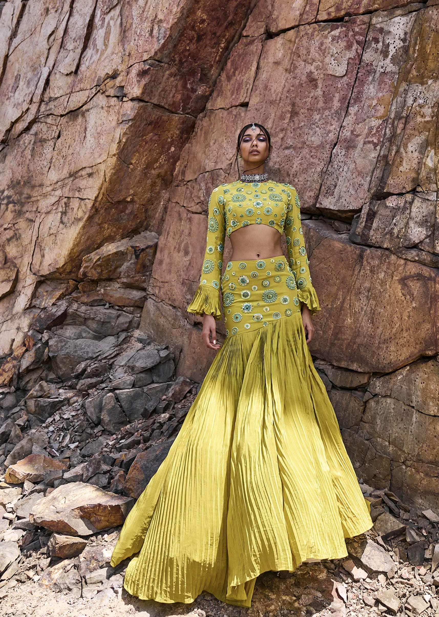 Buy Lime Green High Neck Blouse With Pleated Skirt KALKI FASHION UK