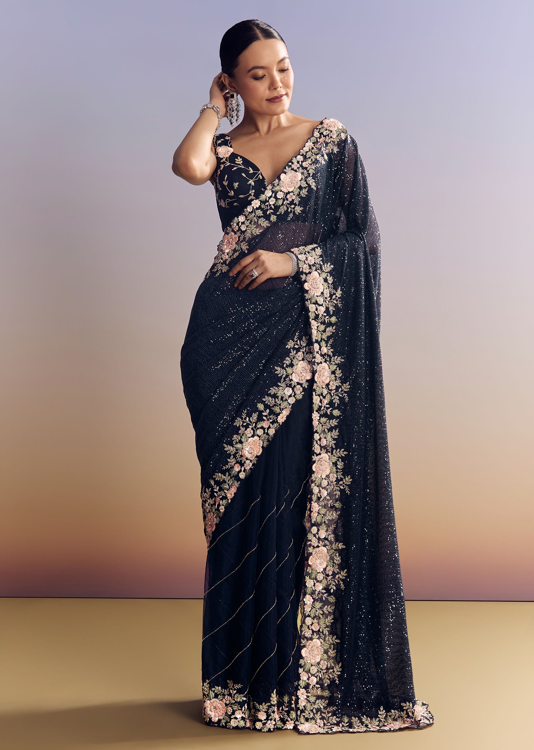 Pre-Draped Ruffled Half Half Saree With Sequin Embellishments & Belt