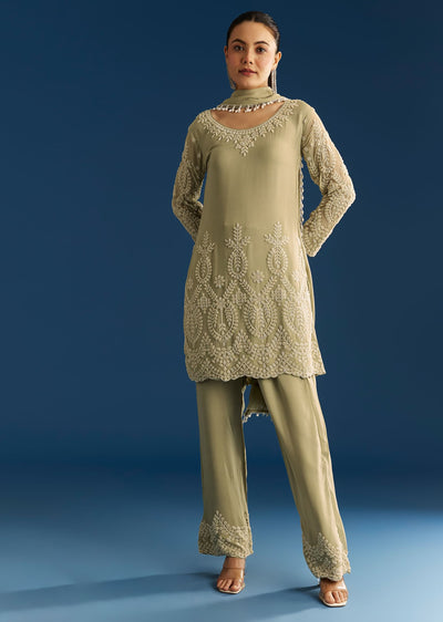 Mint Green Georgette Kurta Set With Beaded Tassel Dupatta