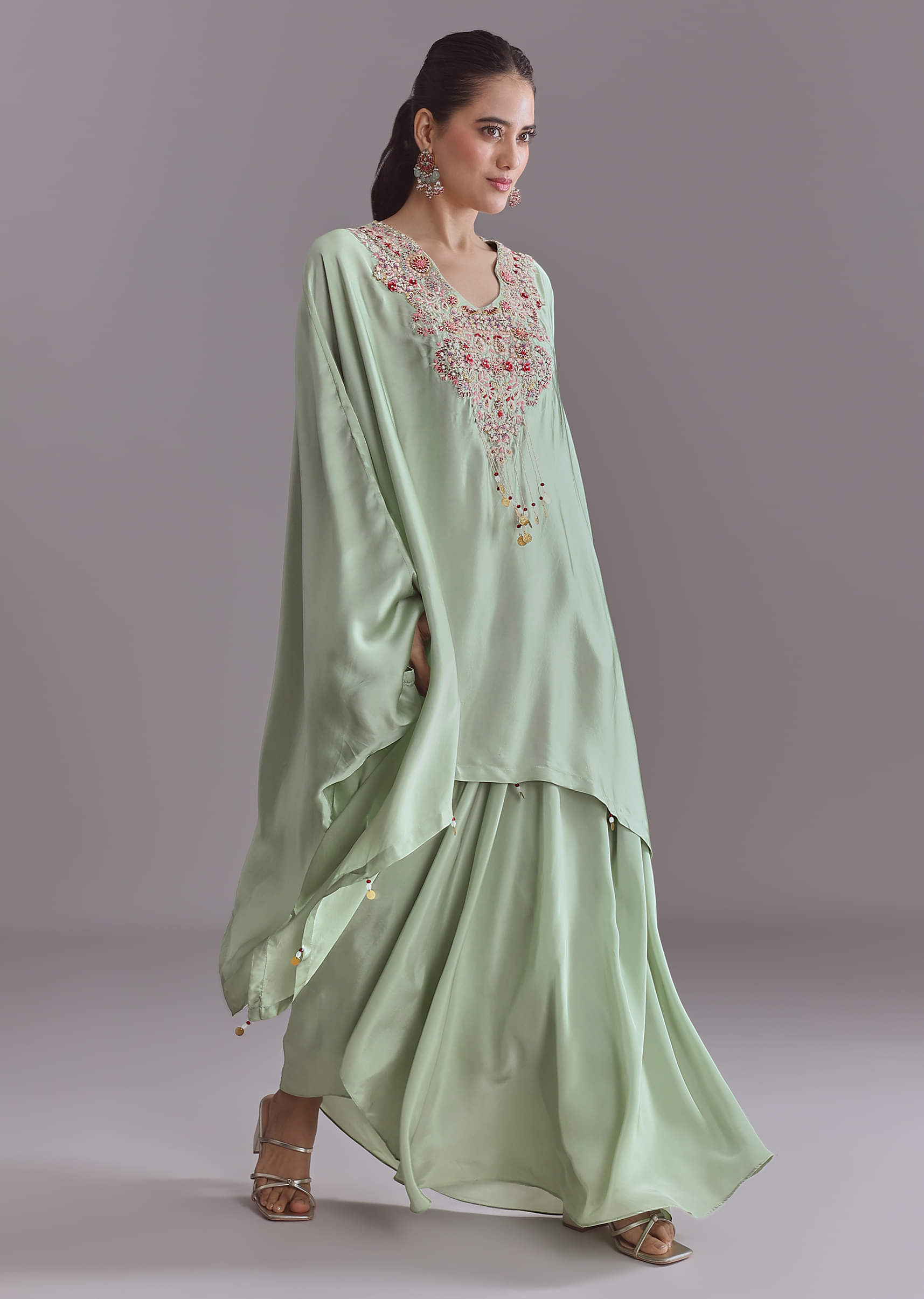 Buy Mint Green Silk Kaftan Top And Drape Skirt Set With Resham