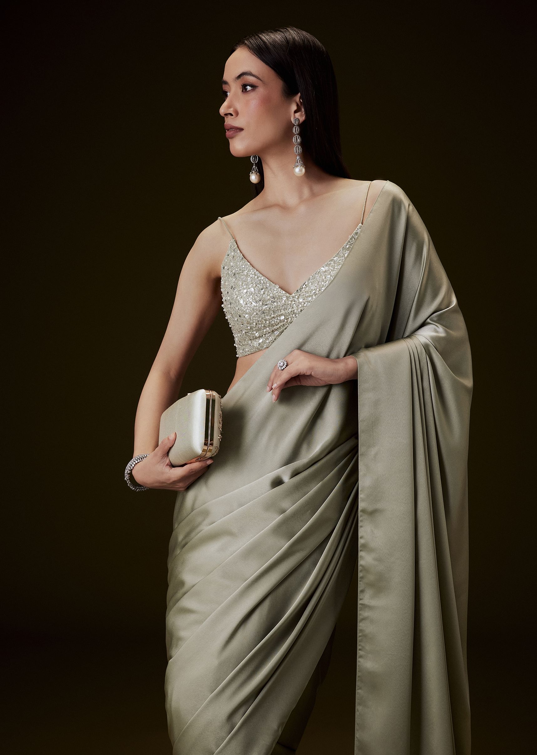 Elegant Traditional Saree With Sequin Embellishments & Tassel Pallu – Deep Olive Green, Lightweight Fabric For Festive & Special Occasions