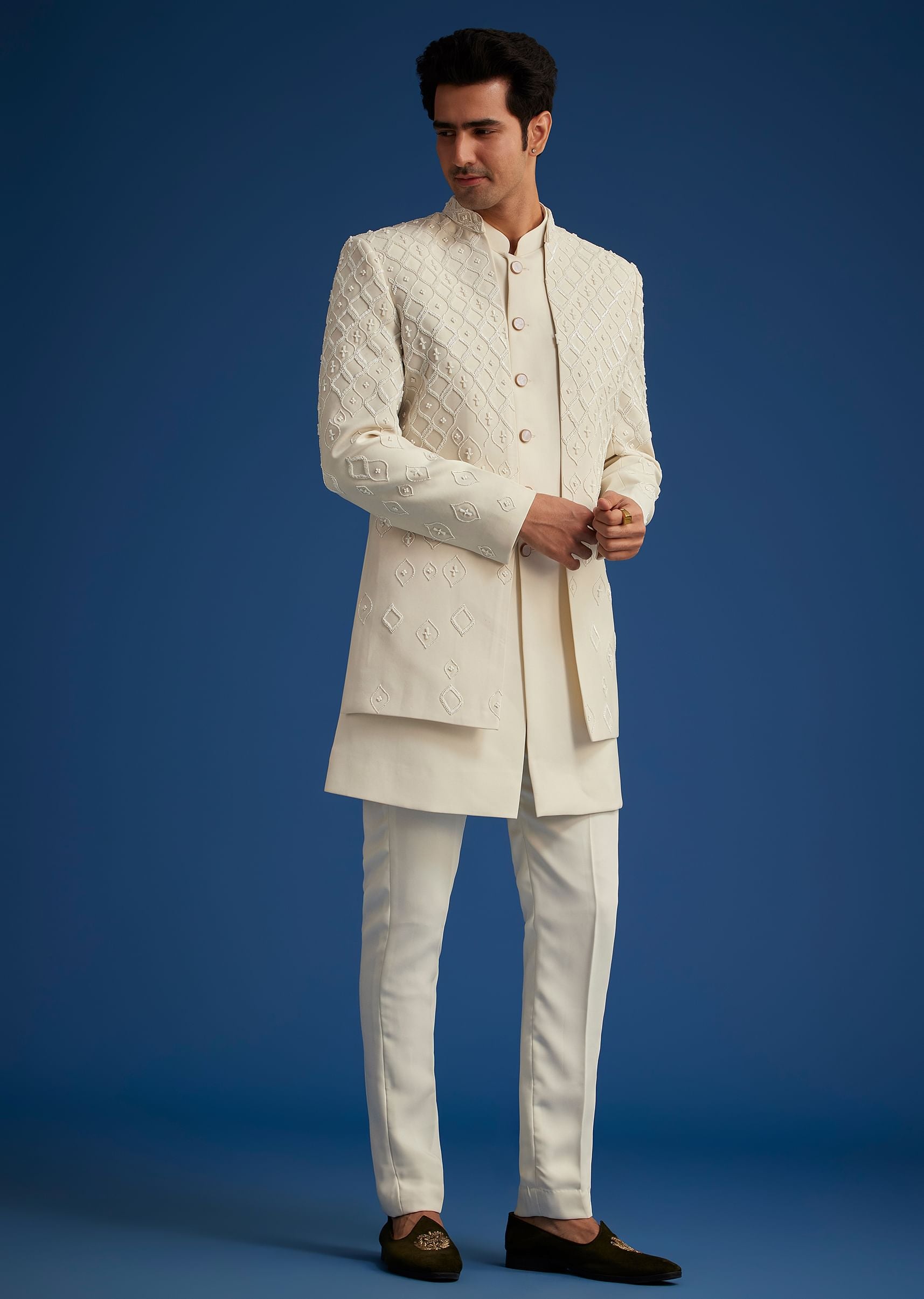 Off White Cotton Satin Sherwani Set With Embroidered Jacket