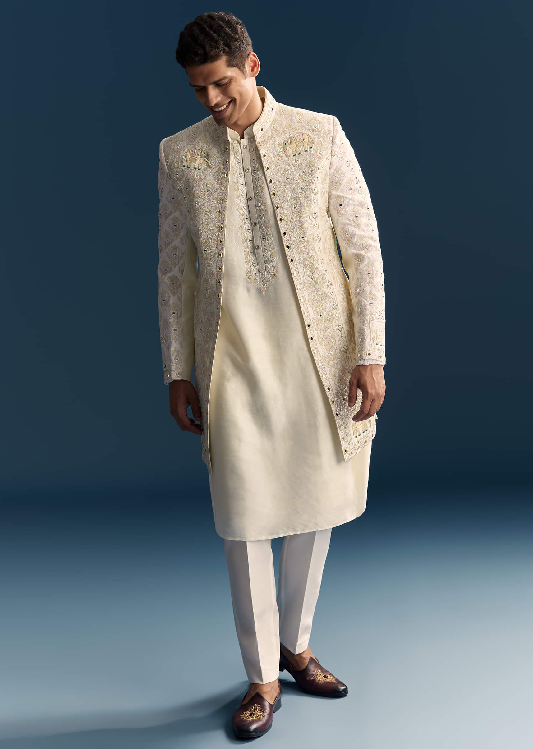 Off White Silk Sherwani with multi color hand work DE-74 main image 1