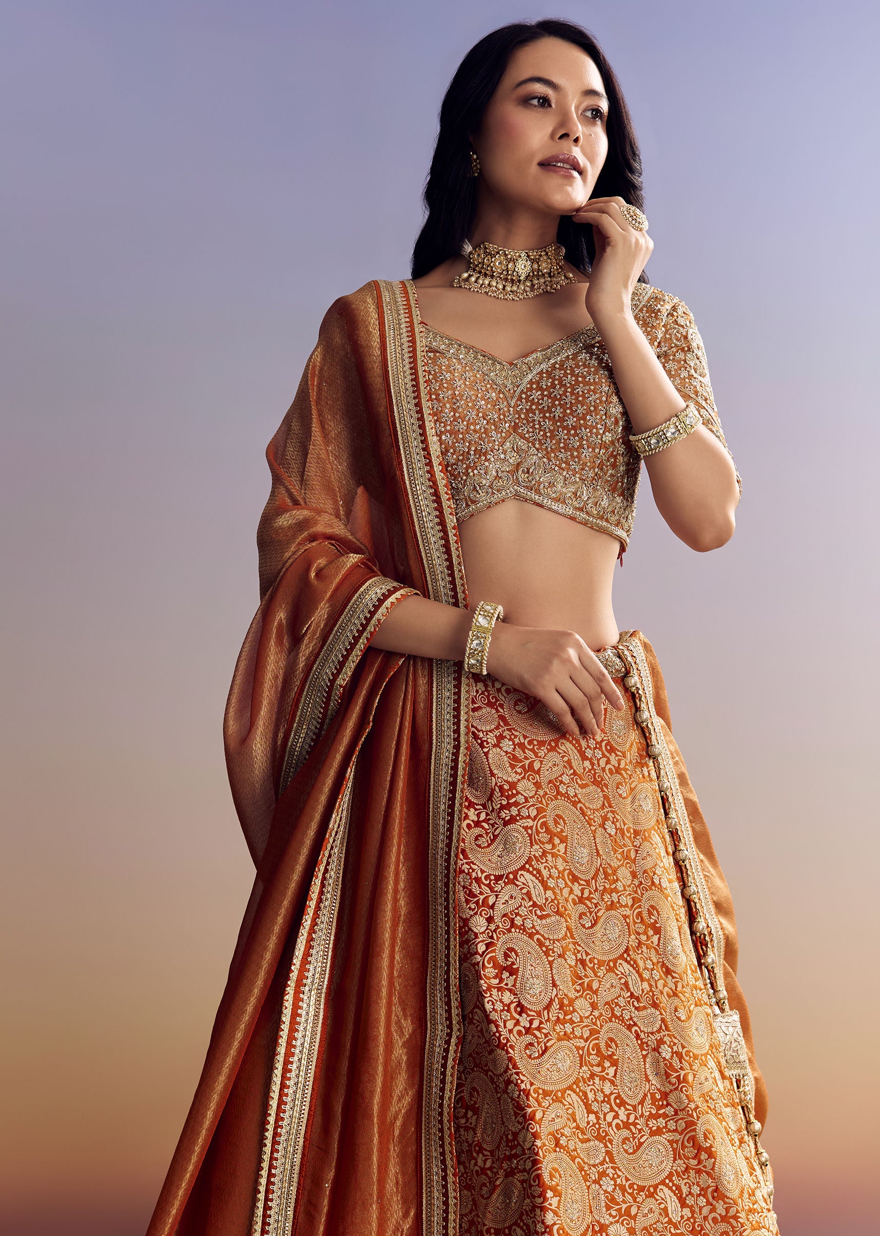Orange Embroidered Bustier, Banarsi Lehenga And Dupatta main image 0