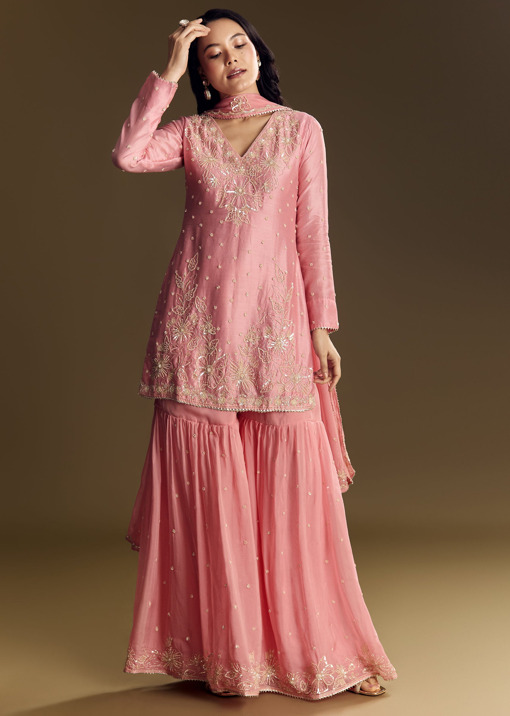 pink sharara dress Georgette Sequins Embroidered Pink Sharara Suit With Dupatta Party Wear