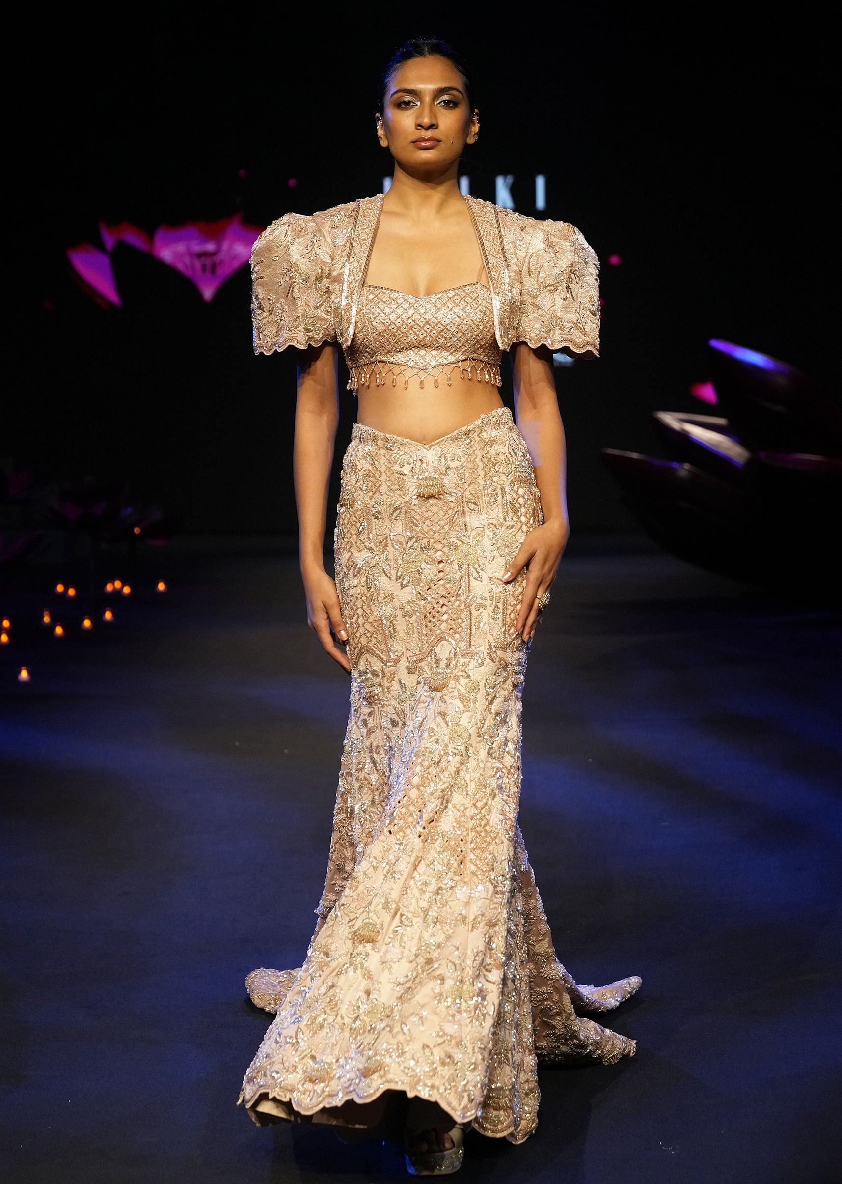 Peach Brocade Cutdana Work Jacket Skirt Suit KALKI FASHION UK