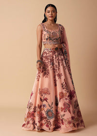 Peach Printed Lehenga With Embroidered Choli And Dupatta