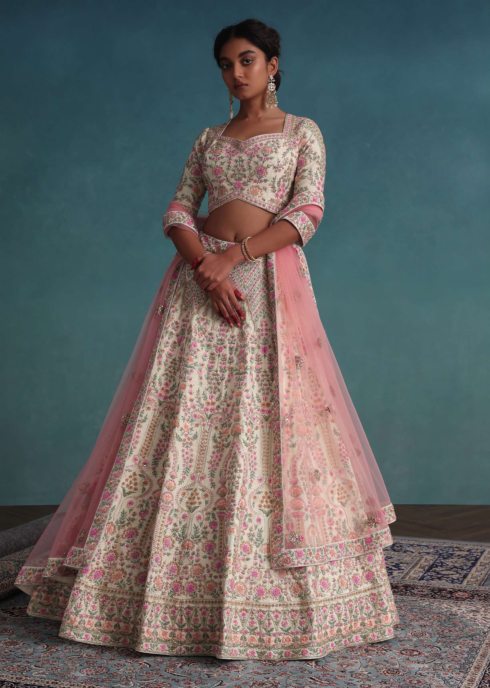 Buy Pearl White Embroidered Bridal Lehenga In Raw Silk With Floral