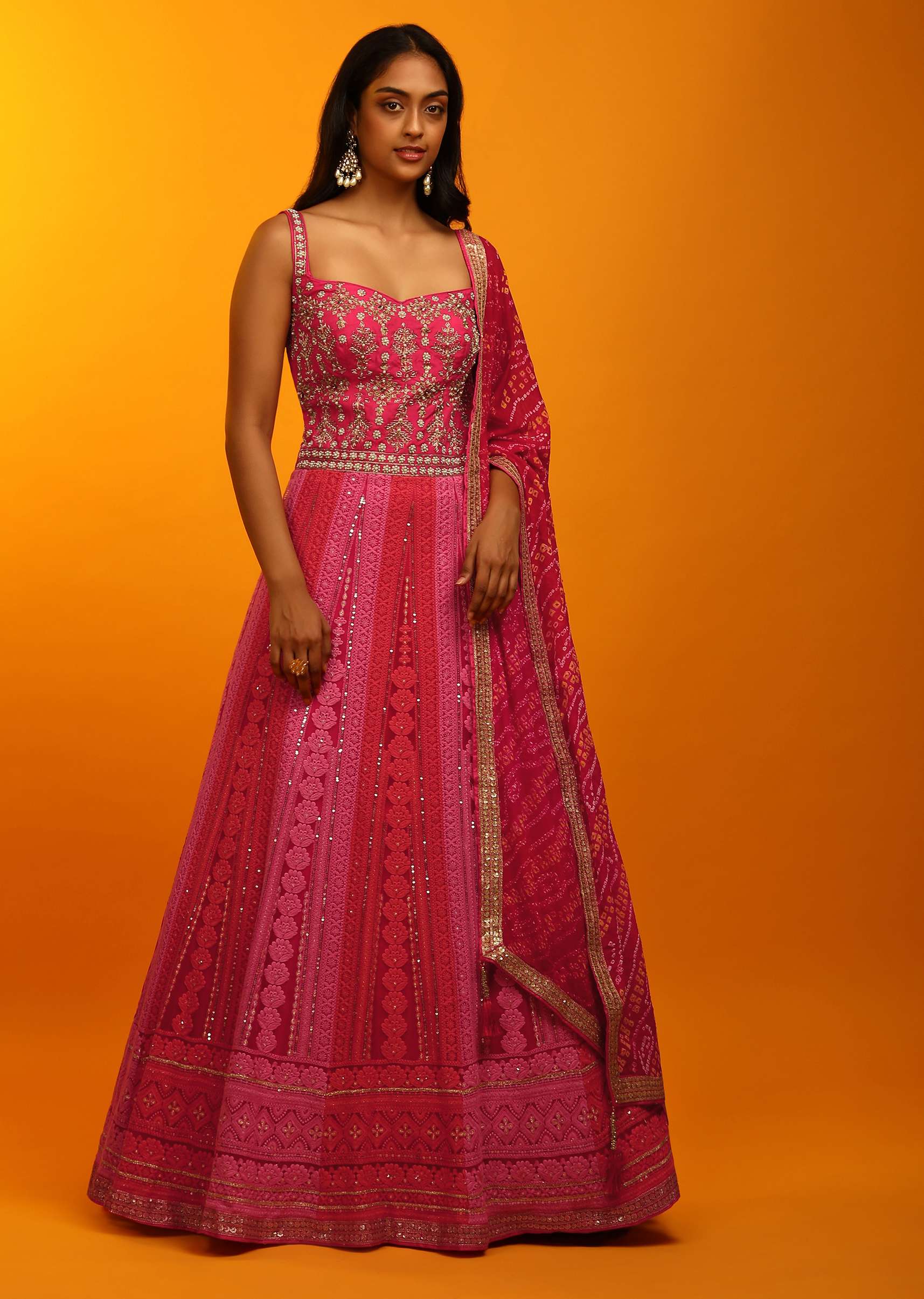 Buy Rani Pink And Red Panel Anarkali Suit With Lucknowi Thread