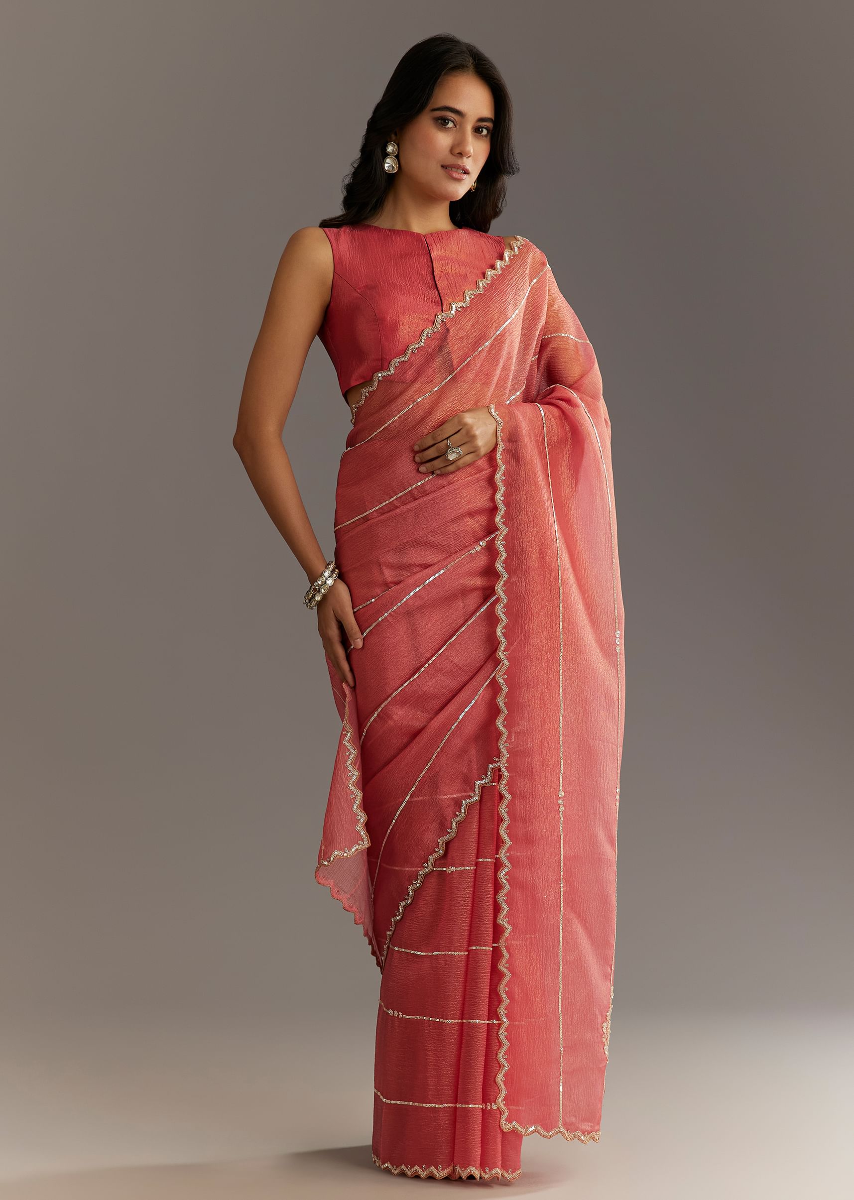 Blue Crushed Tissue Saree With Scallop Embellished Border main image 0