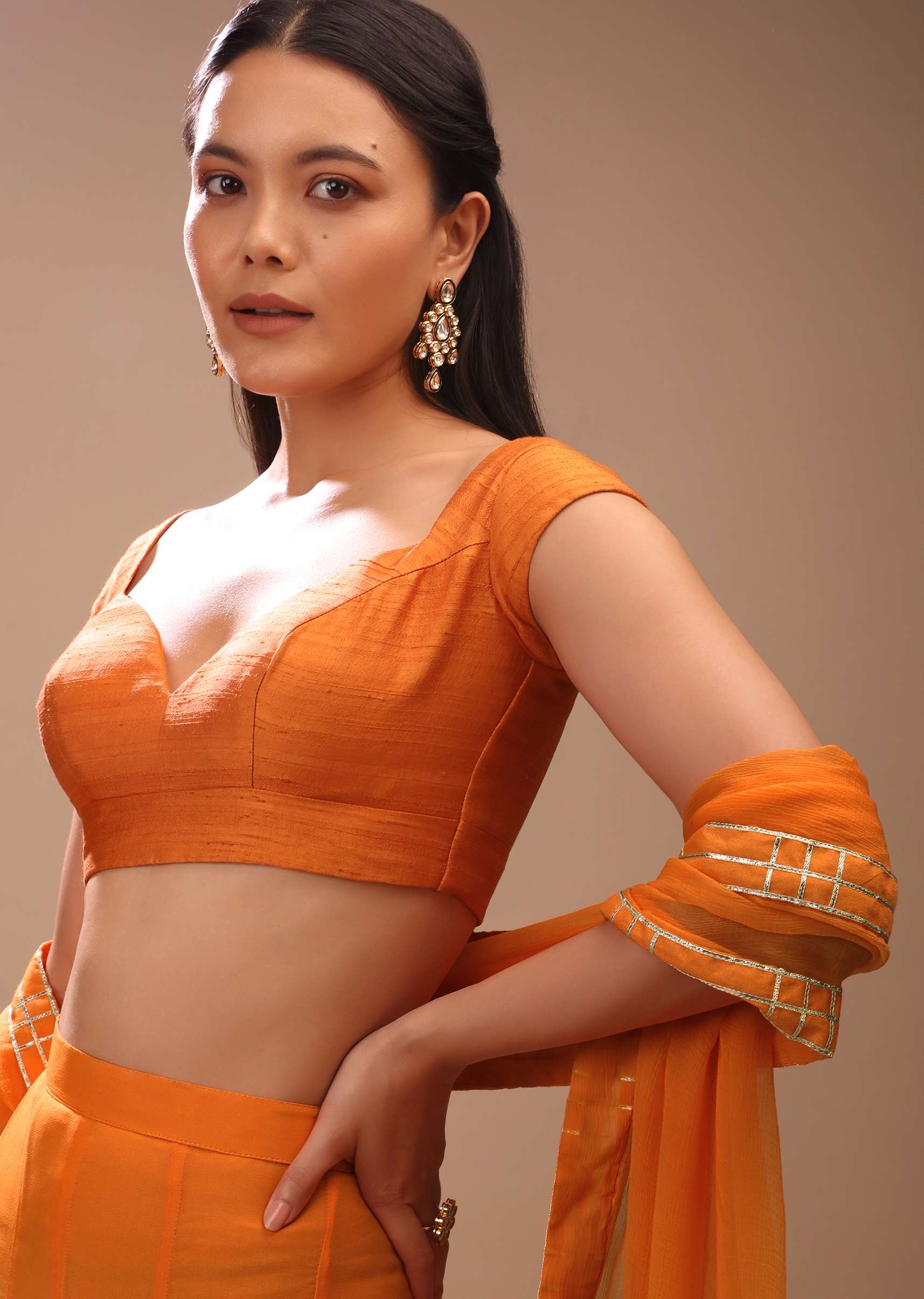 Buy Russet Orange Blouse In Raw Silk With Sweetheart Neckline And