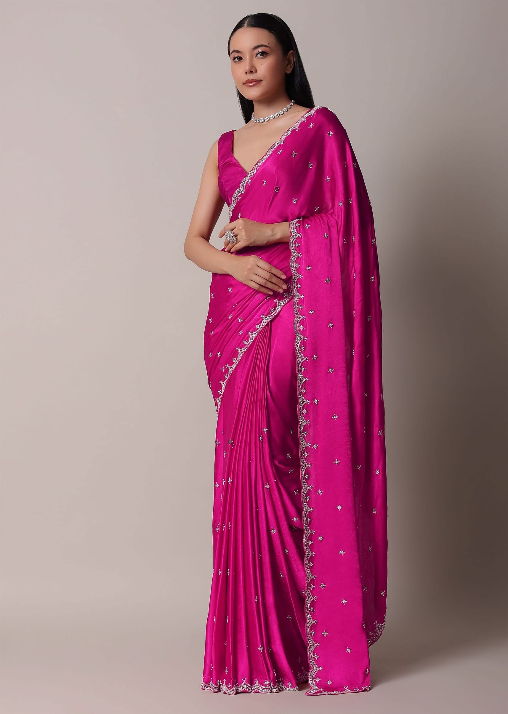 Buy Rani Pink Satin Chinon Saree With Scallop Border And Unstitched ...