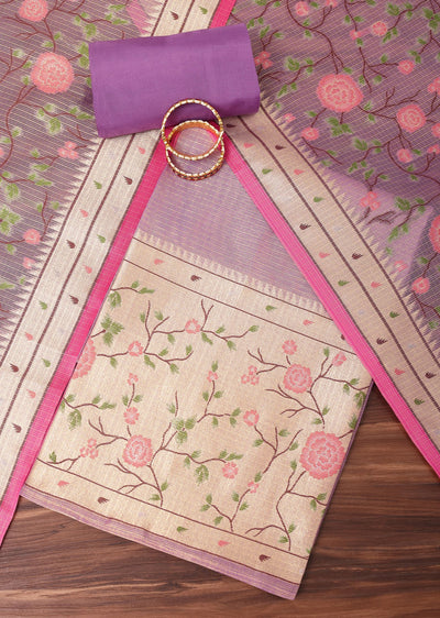 Lavender Paithani Woven Silk Dress Material