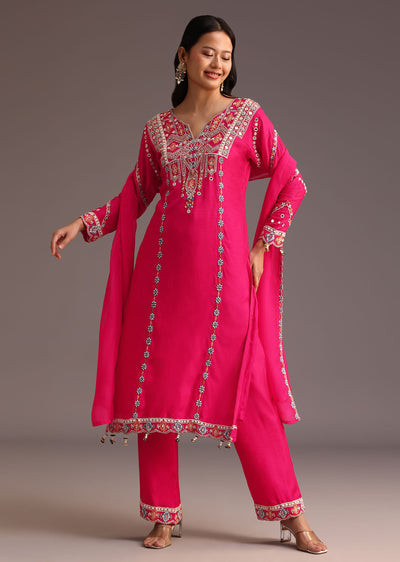 Pink Embroidered Kurta Pant Set With Chanderi Dupatta