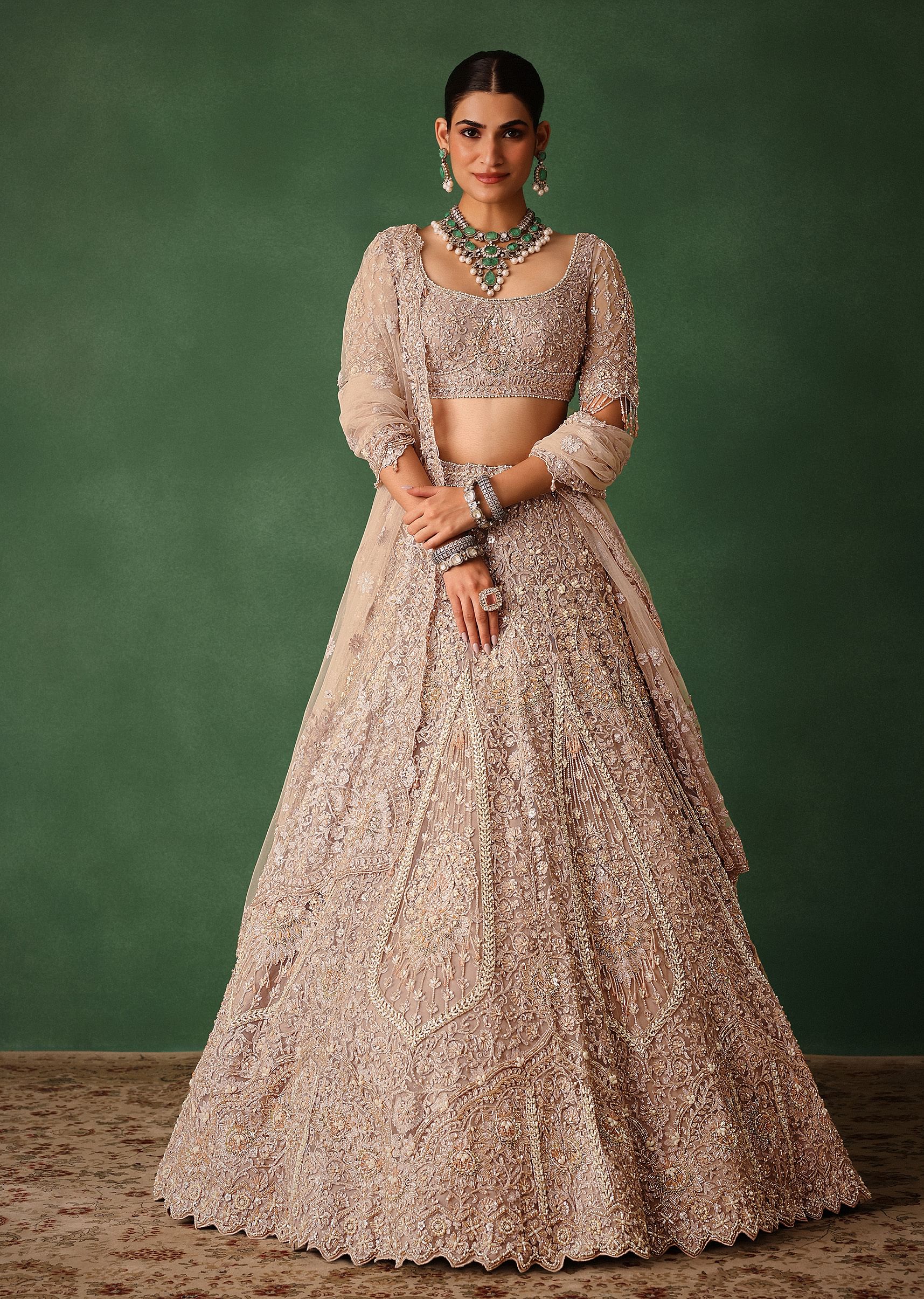 Rose Gold Hand Embroidered Lehenga Set With Dupatta | KALKI FASHION UK Rose Gold Hand Embroidered Lehenga Set With Dupatta | KALKI FASHION UK