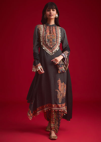 Black Polka Dot Printed Kurta Patiala Set With Pouch Bag