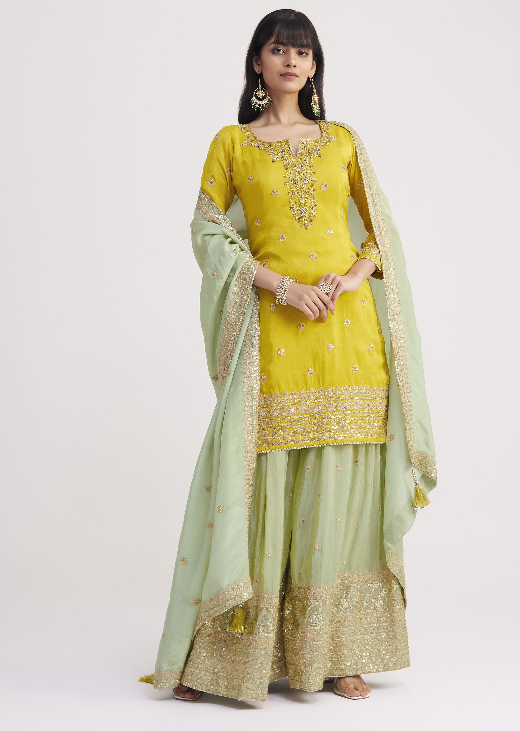 Champange gold crushed tissue palazzo tube paired with zardosi & resham jacket
