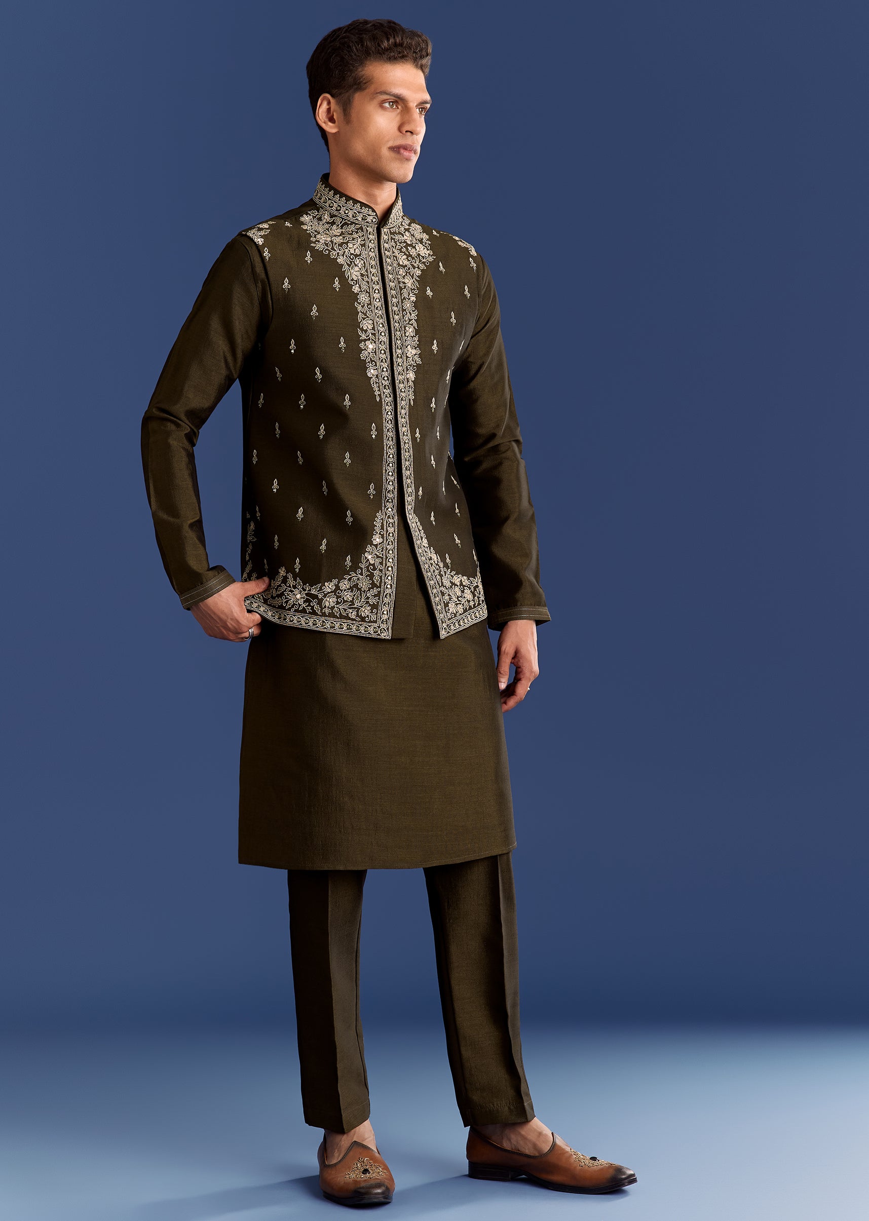 Buy Mehndi Green Cotton Silk Kurta Jacket Set With Mirror Work