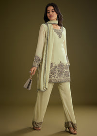 Mint Green Georgette Beads Kurta Set With Tassels Bordered Dupatta