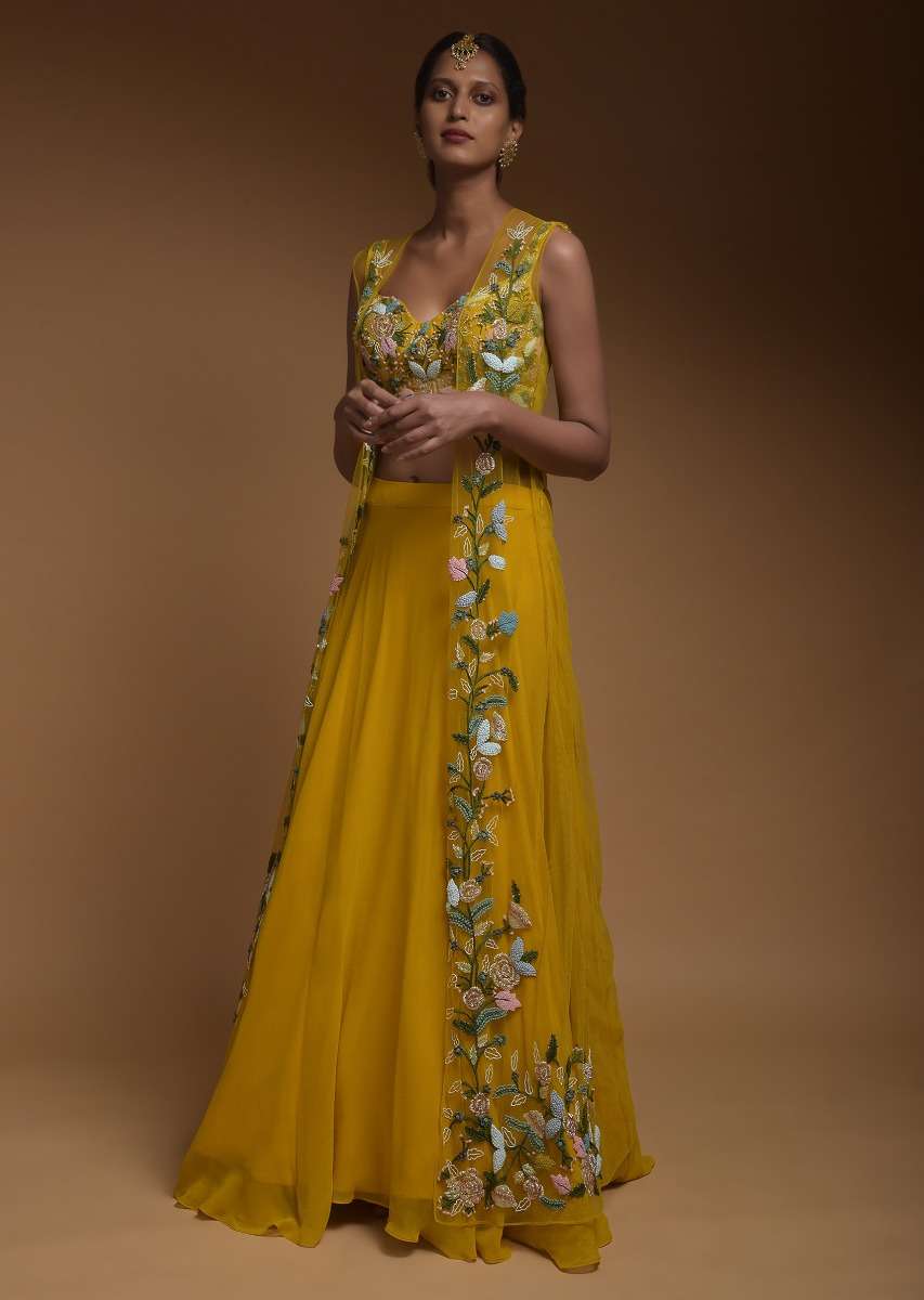 Buy Sun Yellow Skirt, Crop Top And Jacket With 3D Flowers And Embossed  Embroidery Online